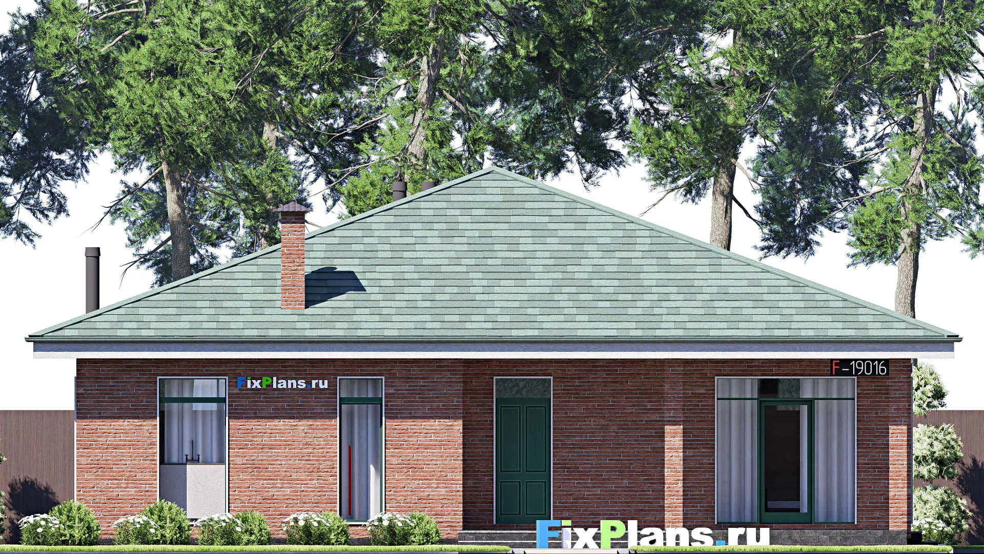 F-19016 - План одноэтажного дома 15 на 16, площадью 190 м² с террасой и 3 спальнями