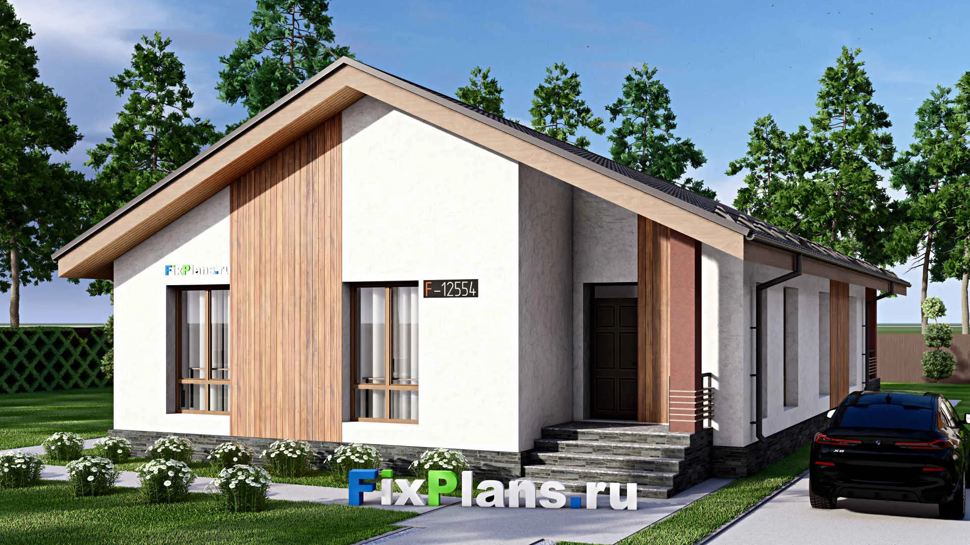 F-12554 - Проект одноэтажного дома 12 на 13, площадью 200 м² с террасой и 5 спальнями