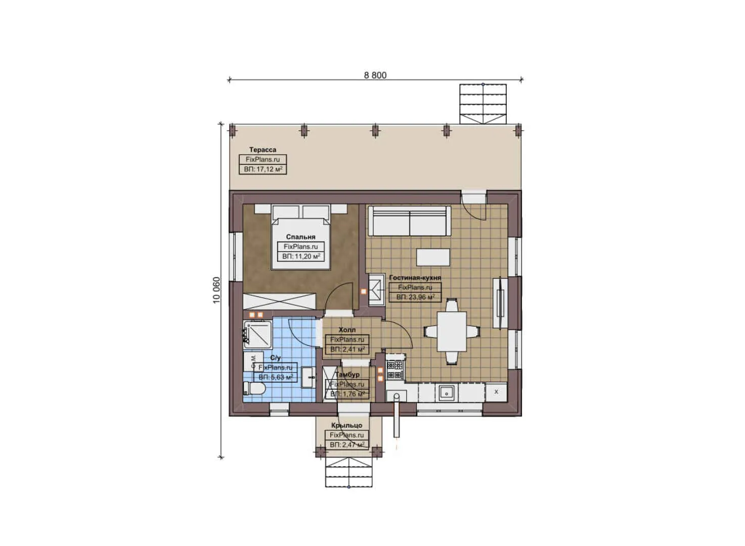 F-9179 - План одноэтажного дома 9 на 11, площадью 70 м² с террасой и 1 спальнями