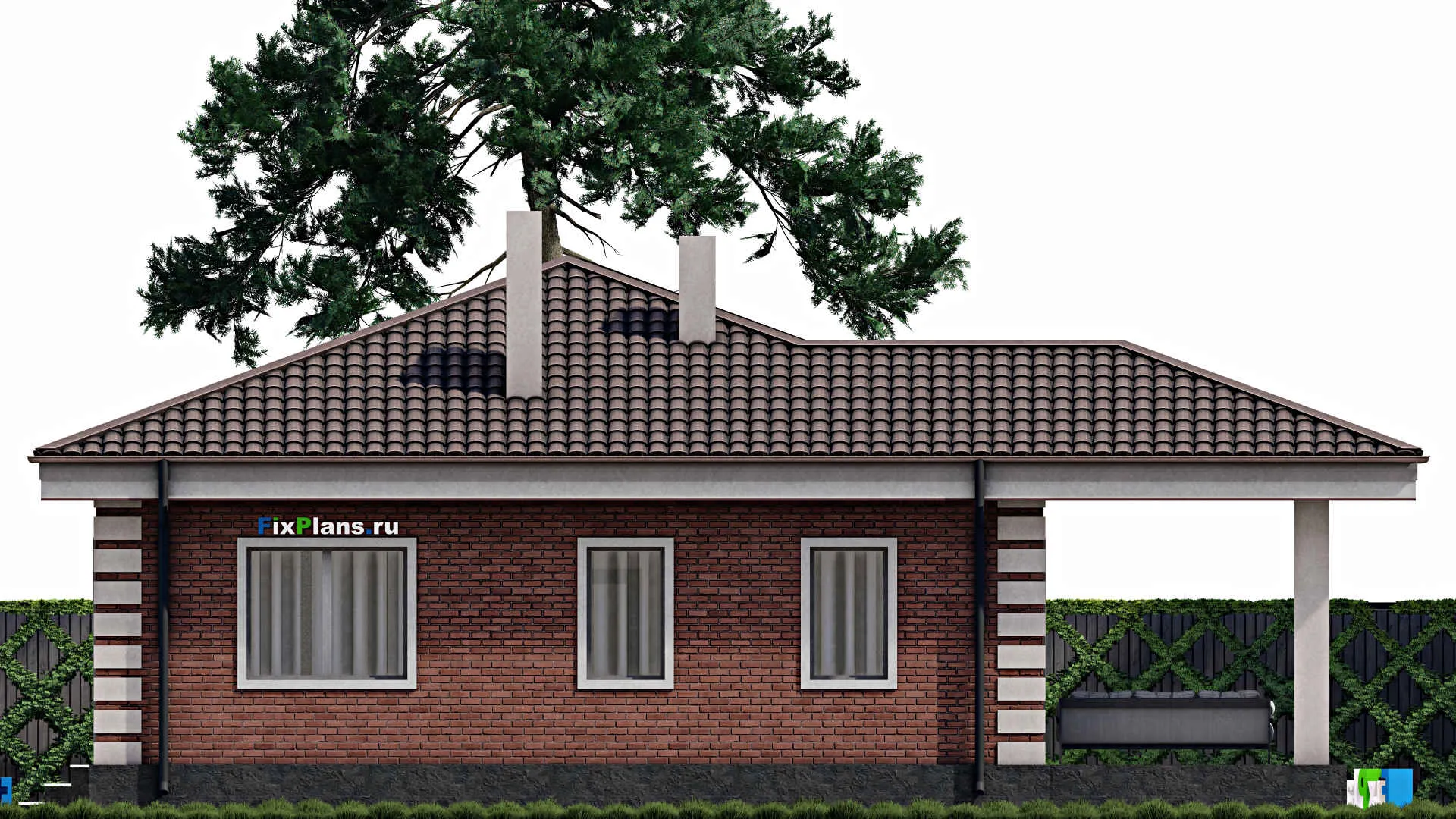 F-0827 - План одноэтажного дома 11 на 18, площадью 150 м² с террасой, гаражом на 1 машину и 3 спальнями