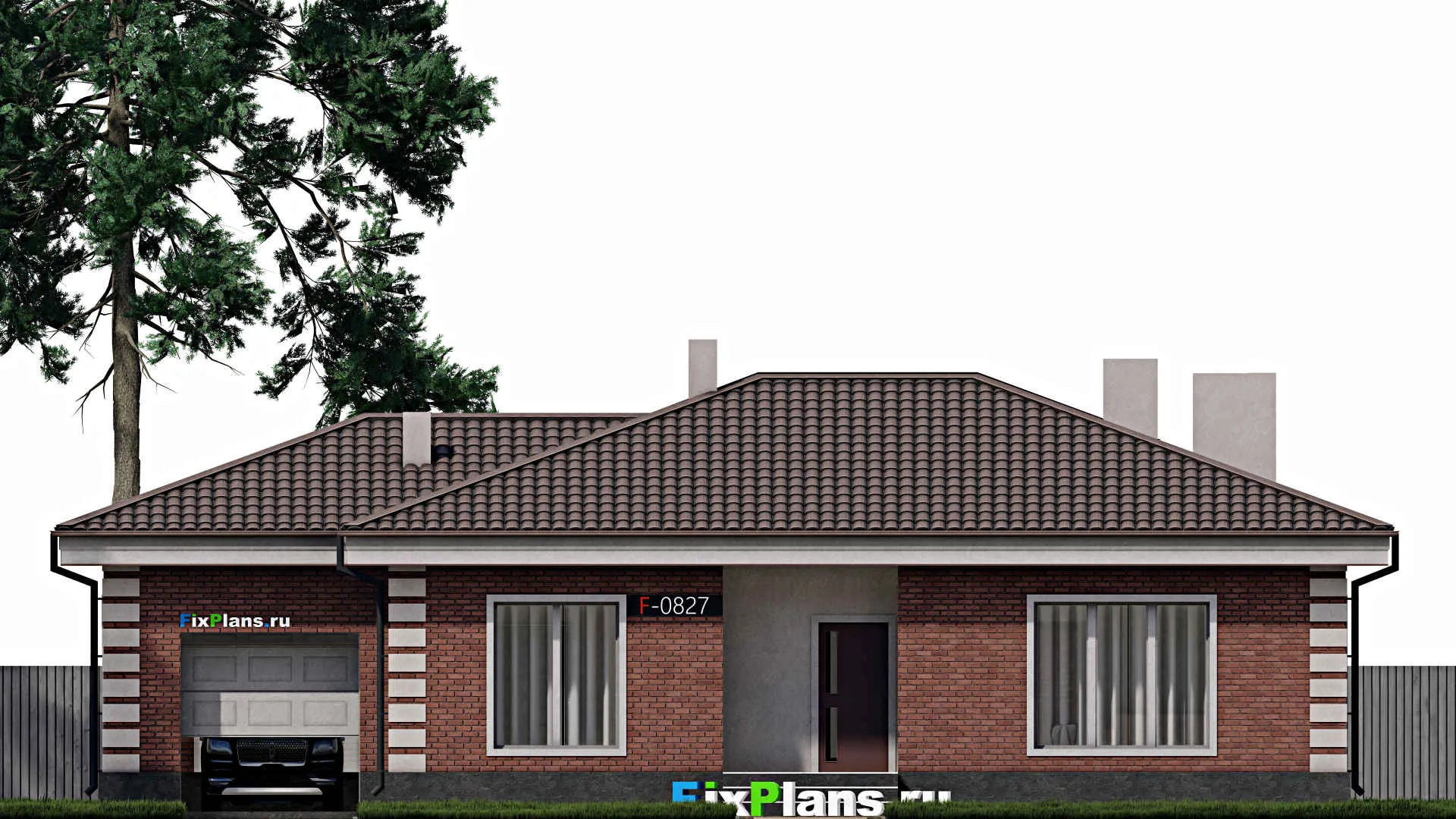 F-0827 - План одноэтажного дома 11 на 18, площадью 150 м² с террасой, гаражом на 1 машину и 3 спальнями