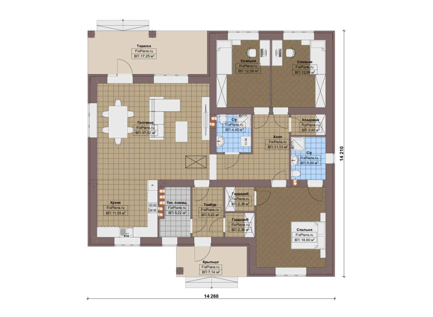 F-17792 - План одноэтажного дома 15 на 15, площадью 160 м² с террасой и 3 спальнями