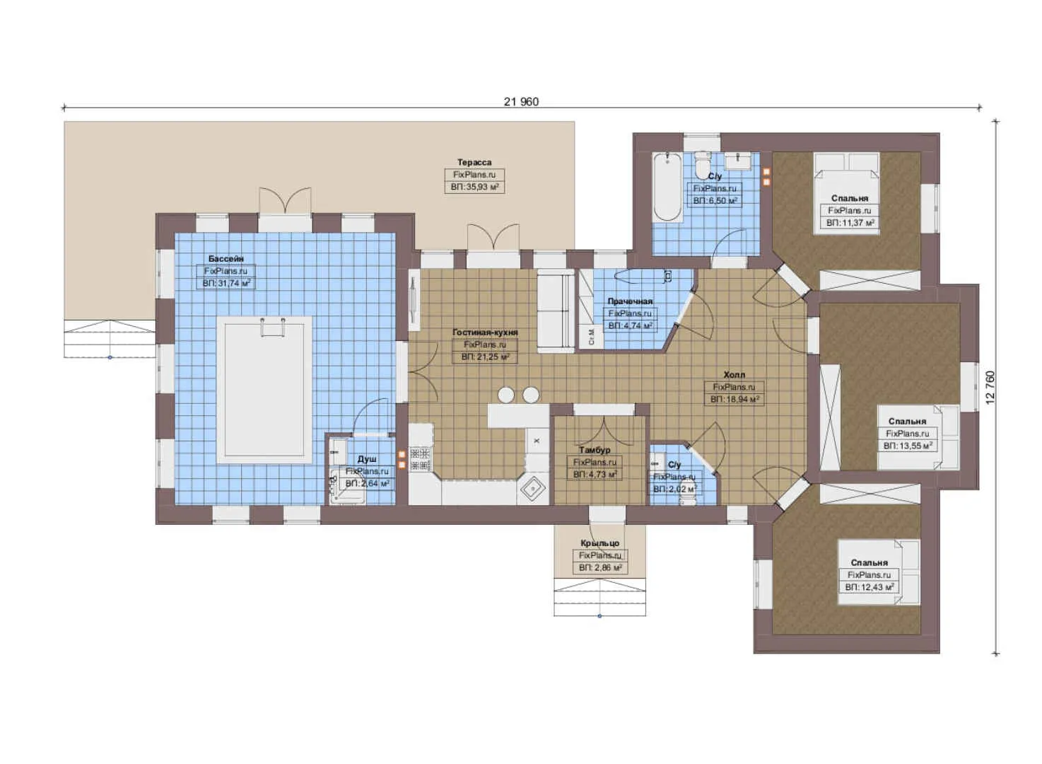 F-8171 - План одноэтажного дома 13 на 22, площадью 170 м² с террасой, бассейном и 3 спальнями