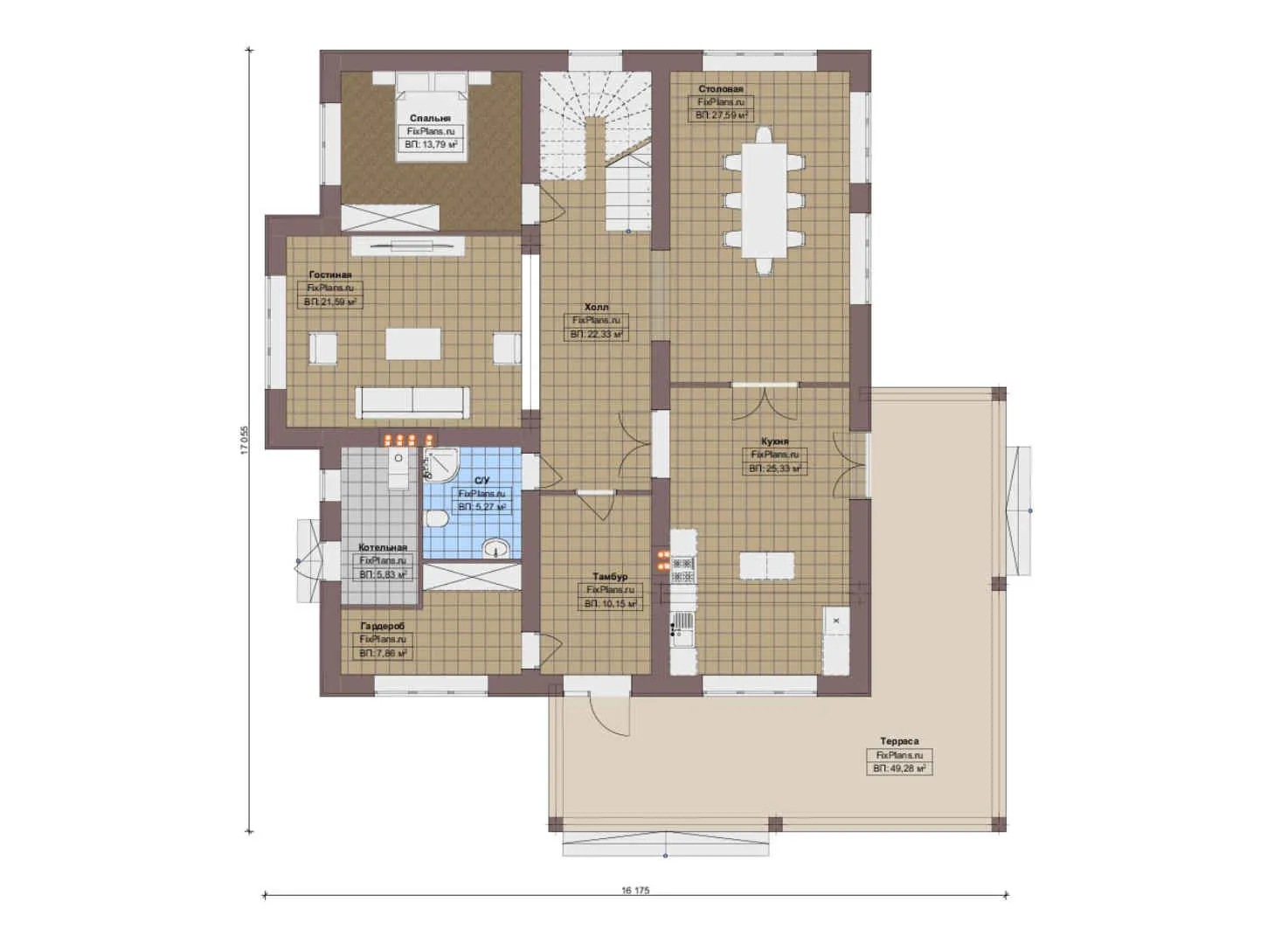 F-19151 - Планы двухэтажного дома 17 на 18, площадью 330 м² с террасой, балконом и 5 спальнями