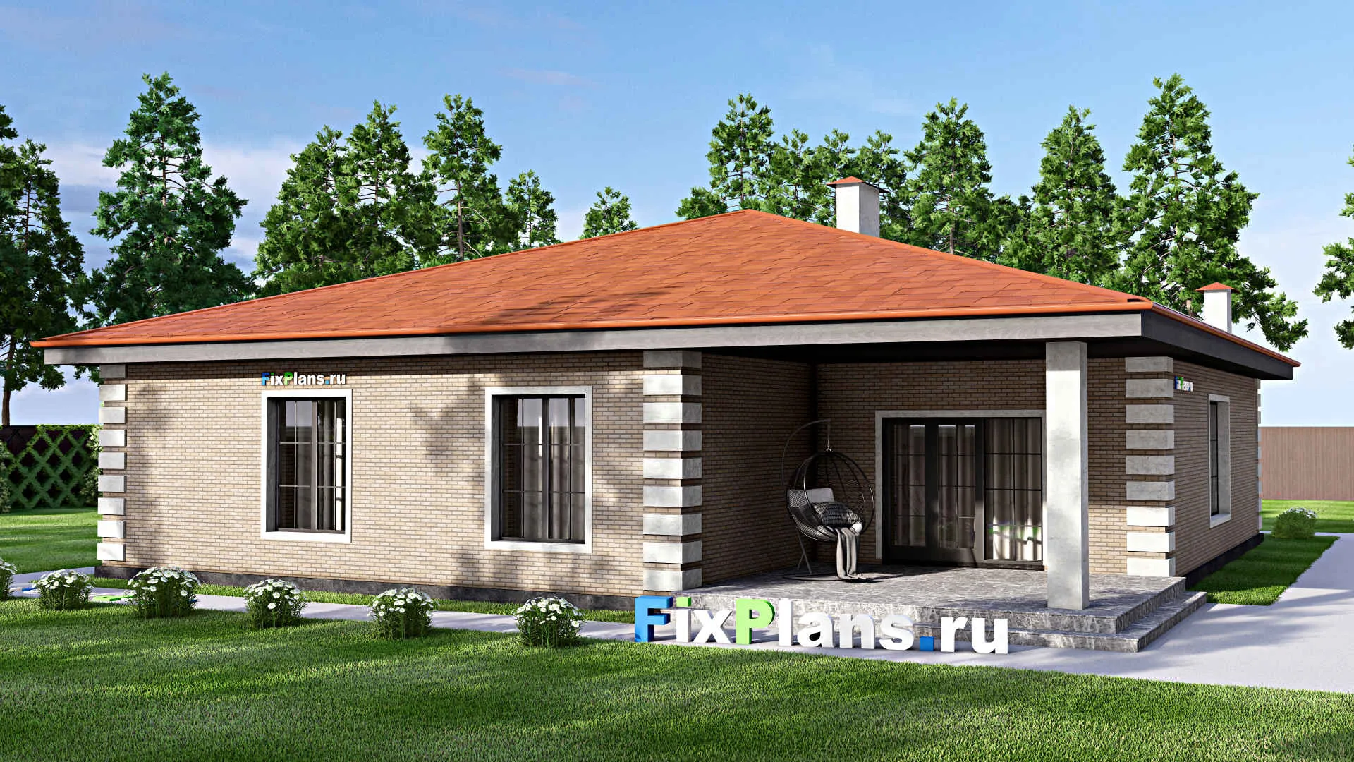 F-15290 - План одноэтажного дома 16 на 19, площадью 220 м² с террасой, гаражом на 1 машину и 3 спальнями