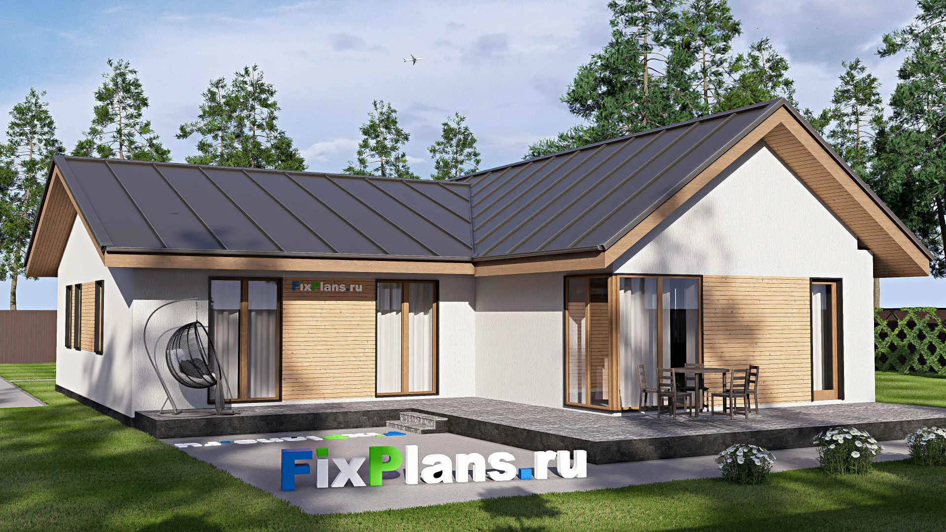 F-19889 - Проект одноэтажного дома 15 на 19, площадью 210 м² с террасой и 3 спальнями