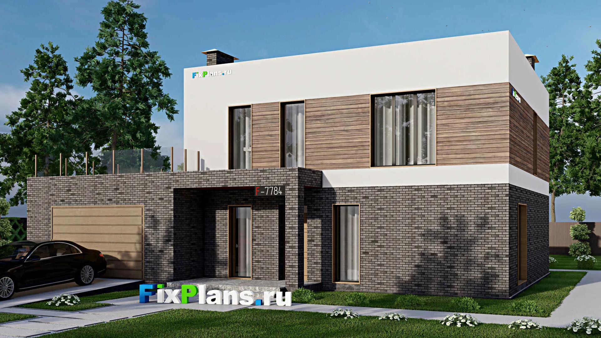 F-7784 - Проект двухэтажного дома 12 на 17, площадью 280 м² с балконом, баней, гаражом на 1 машину и 4 спальнями