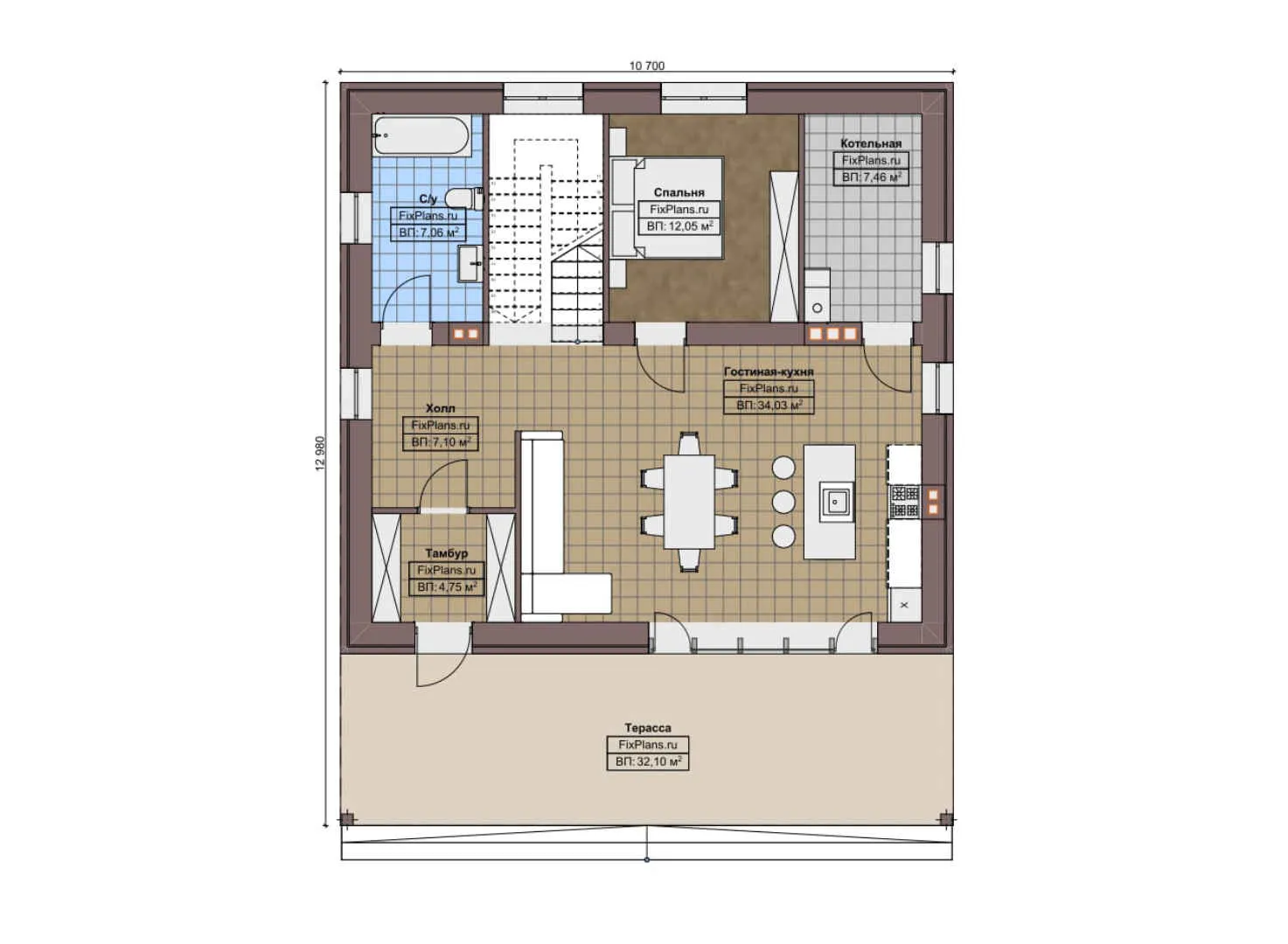 F-6848 - Планы дома с мансардой 11 на 13, площадью 180 м² с террасой и 4 спальнями