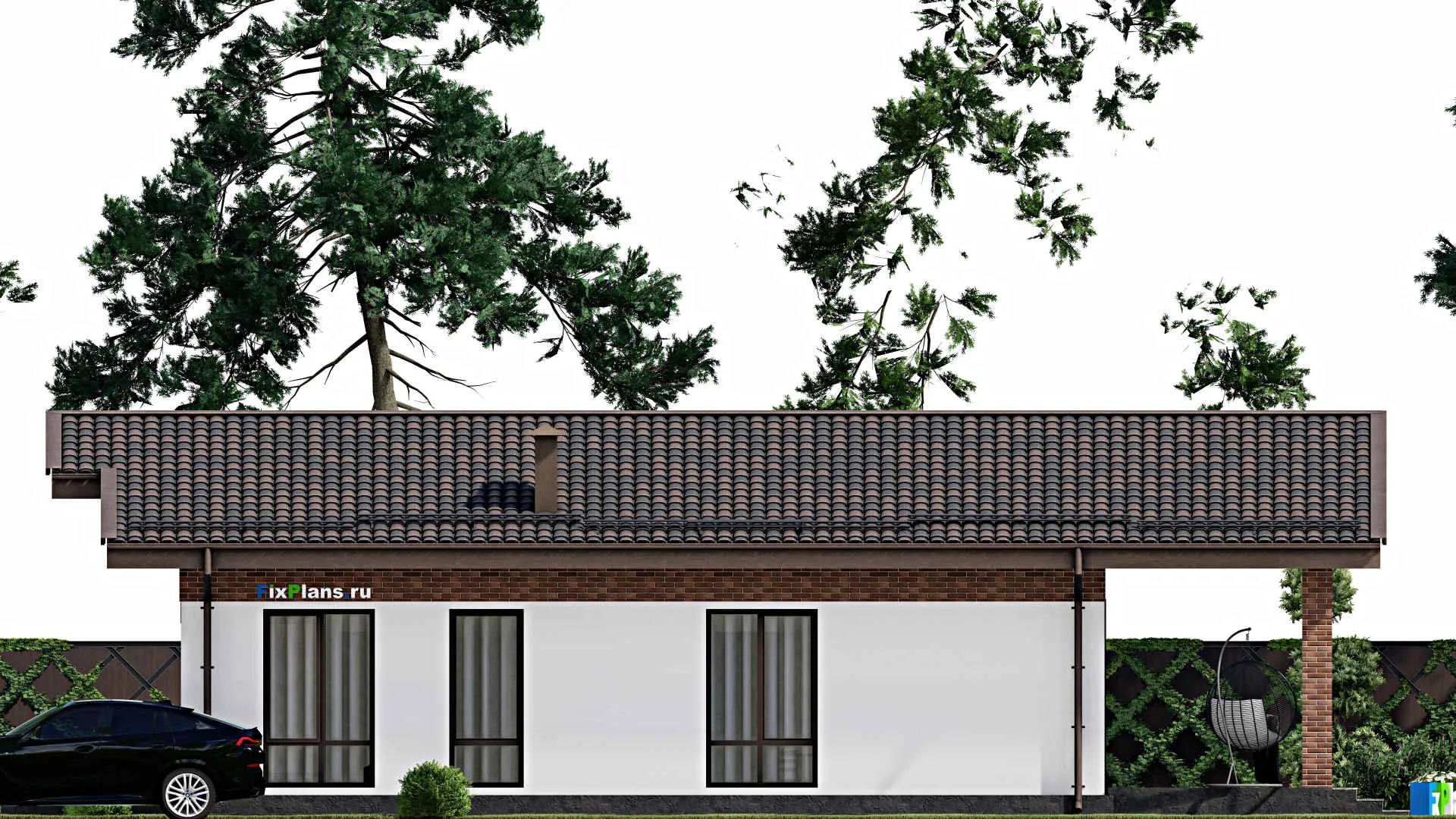 F-6128 - План одноэтажного дома 11 на 13, площадью 150 м² с террасой и 3 спальнями