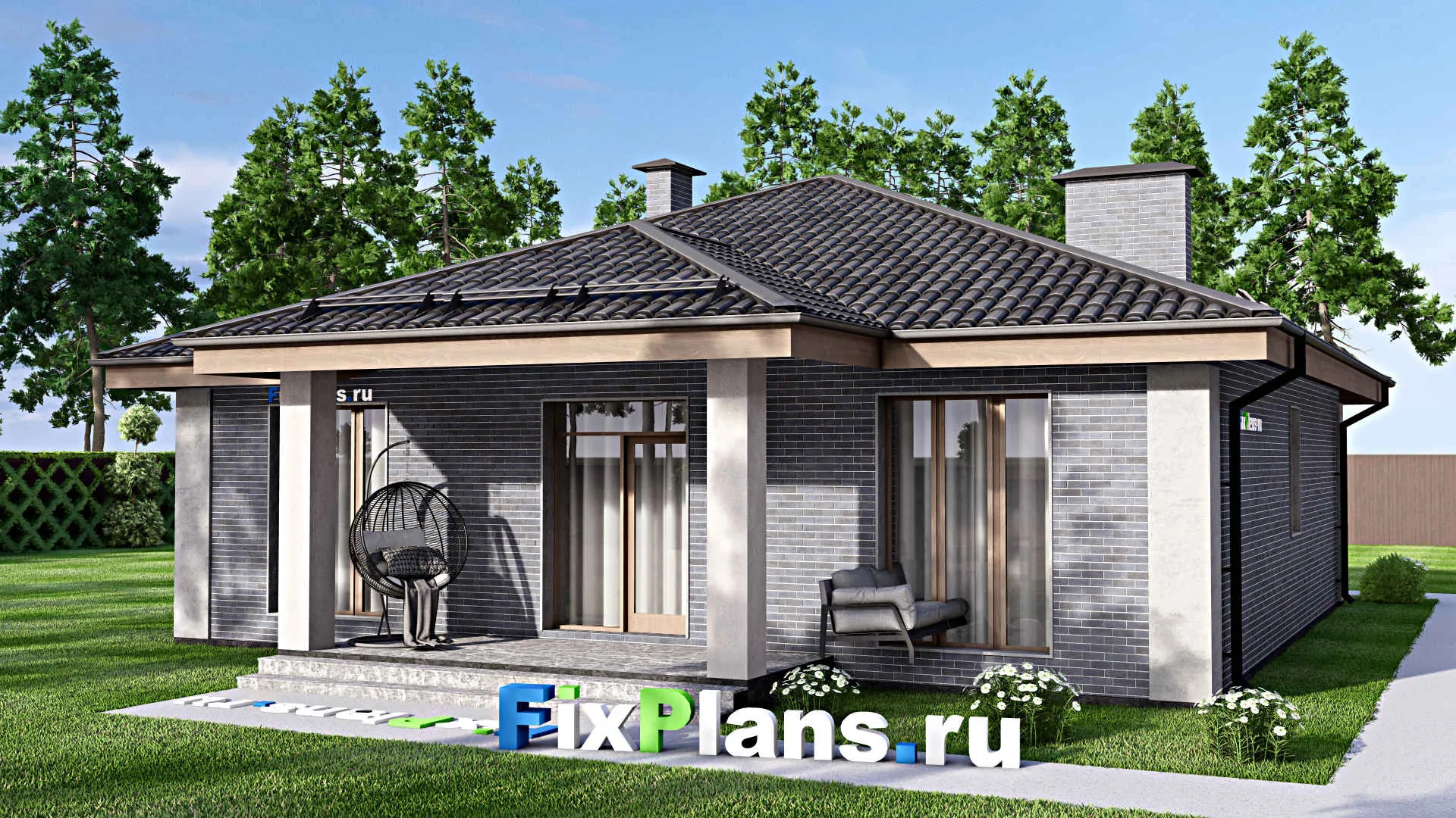 F-12797 - План одноэтажного дома 13 на 15, площадью 130 м² с террасой и 3 спальнями