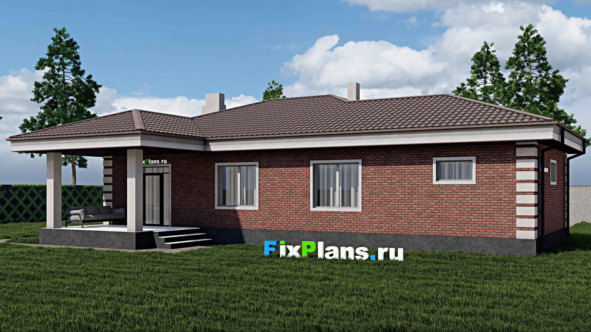 F-0827 - План одноэтажного дома 11 на 18, площадью 150 м² с террасой, гаражом на 1 машину и 3 спальнями