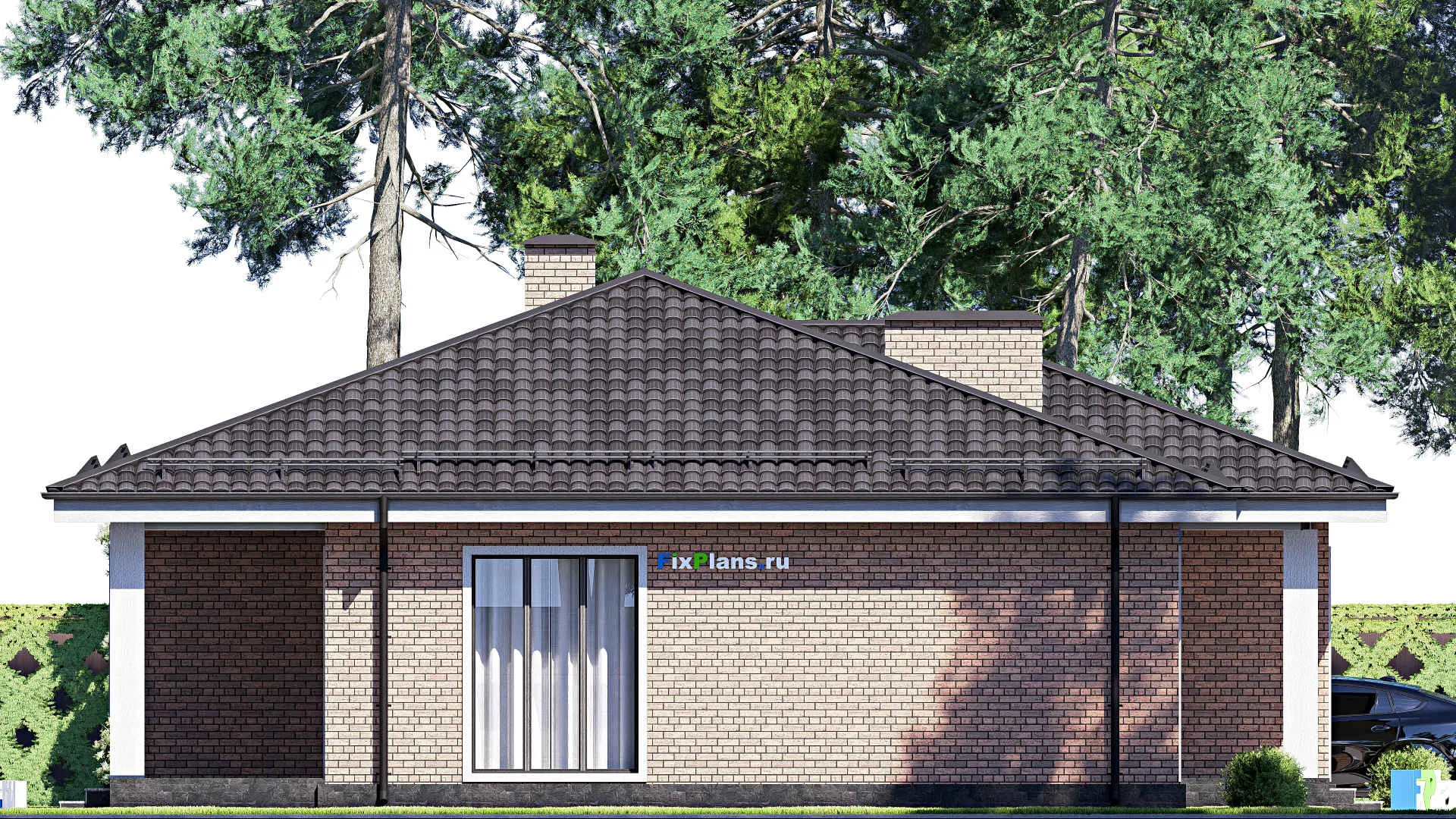 F-17792 - Проект одноэтажного дома 15 на 15, площадью 160 м² с террасой и 3 спальнями