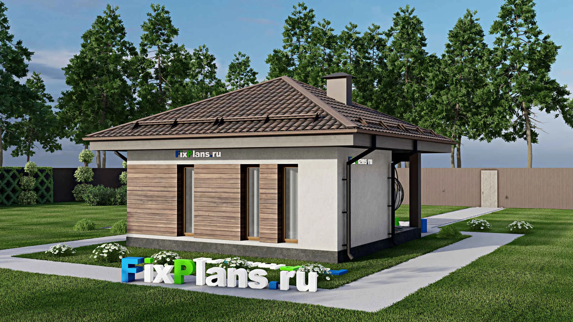 F-9170 - Проект бани 7 на 7, площадью 40 м² с комнатой отдыха, терассой и санузлом