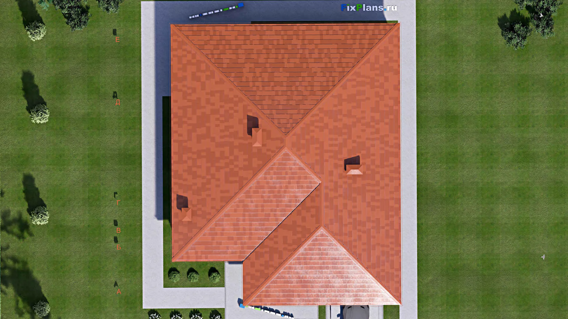 F-15290 - План одноэтажного дома 16 на 19, площадью 220 м² с террасой, гаражом на 1 машину и 3 спальнями