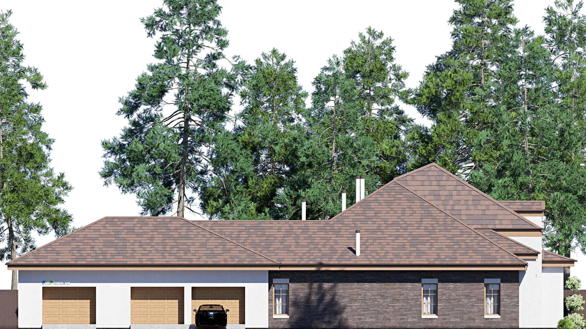 F-19925 - Проект одноэтажного дома 31 на 31, площадью 470 м² с террасой, гаражом на 2 машины и 4 спальнями