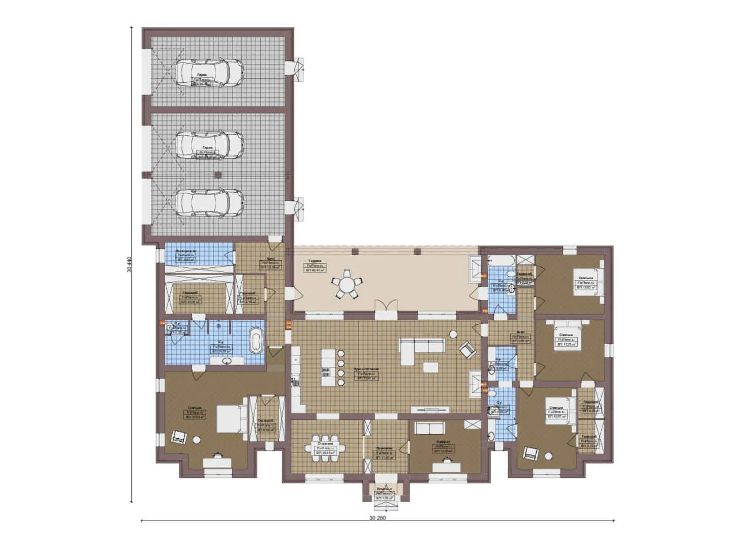 F-19925 - План одноэтажного дома 31 на 31, площадью 470 м² с террасой, гаражом на 2 машины и 4 спальнями