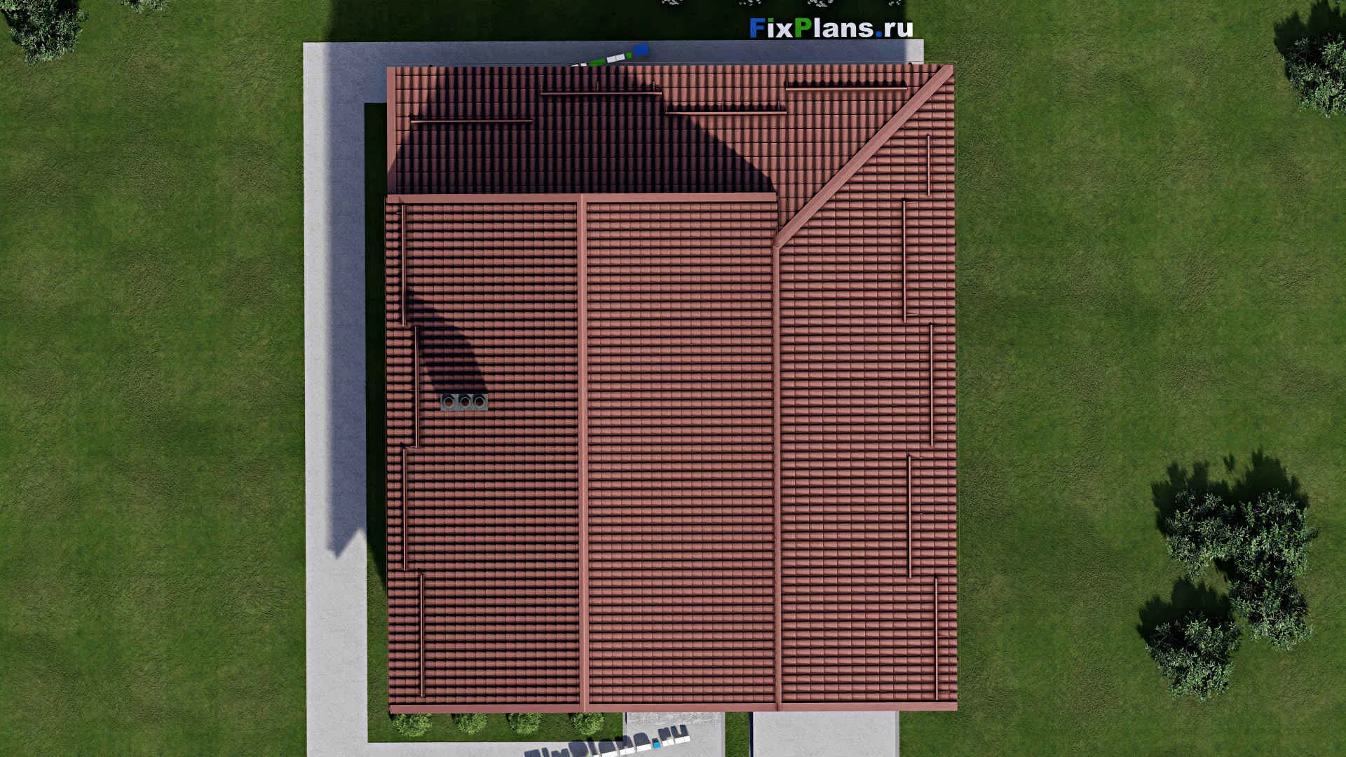 F-3032 - Проект дома с мансардой 13 на 15, площадью 210 м² с террасой, гаражом на 2 машины и 3 спальнями