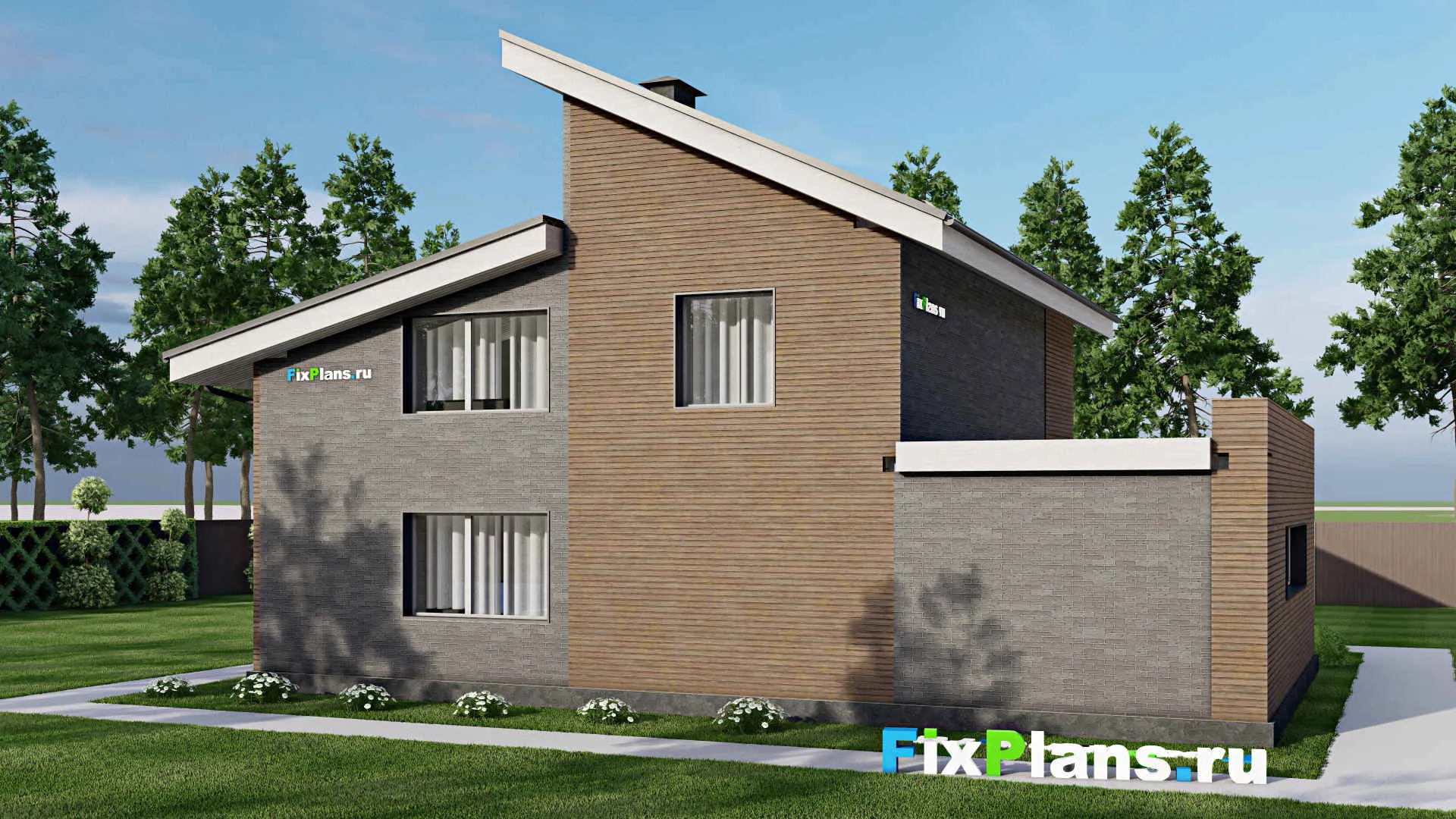 F-3734 - Проект дома с мансардой 12 на 15, площадью 200 м² с балконом, гаражом на 1 машину и 2 спальнями