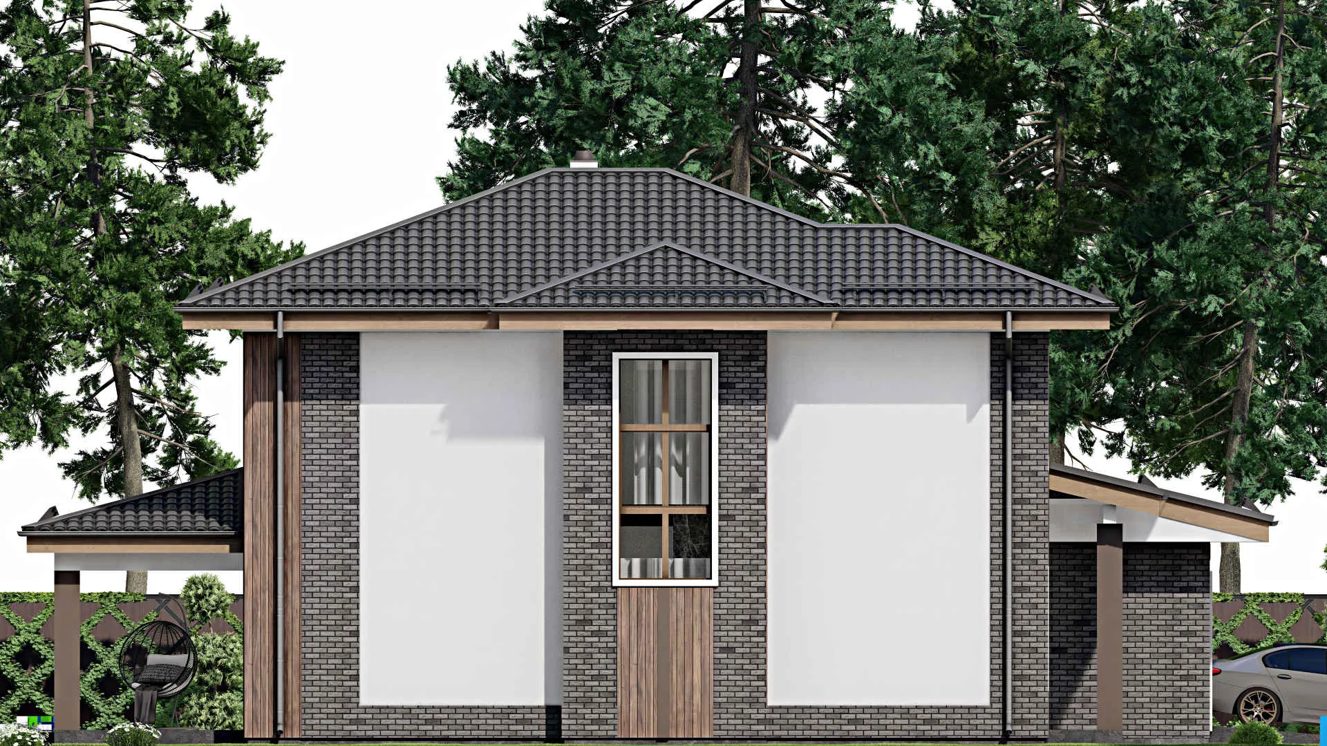 F-9386 - Проект двухэтажного дома 13 на 19, площадью 240 м² с террасой, гаражом на 1 машину и 4 спальнями