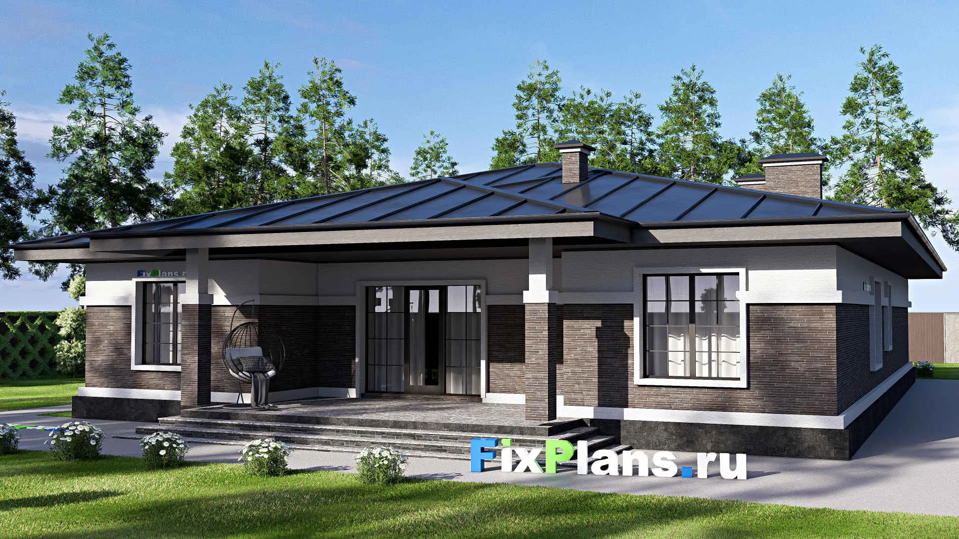 F-20528 - Проект одноэтажного дома 17 на 22, площадью 260 м² с террасой, гаражом на 2 машины и 3 спальнями