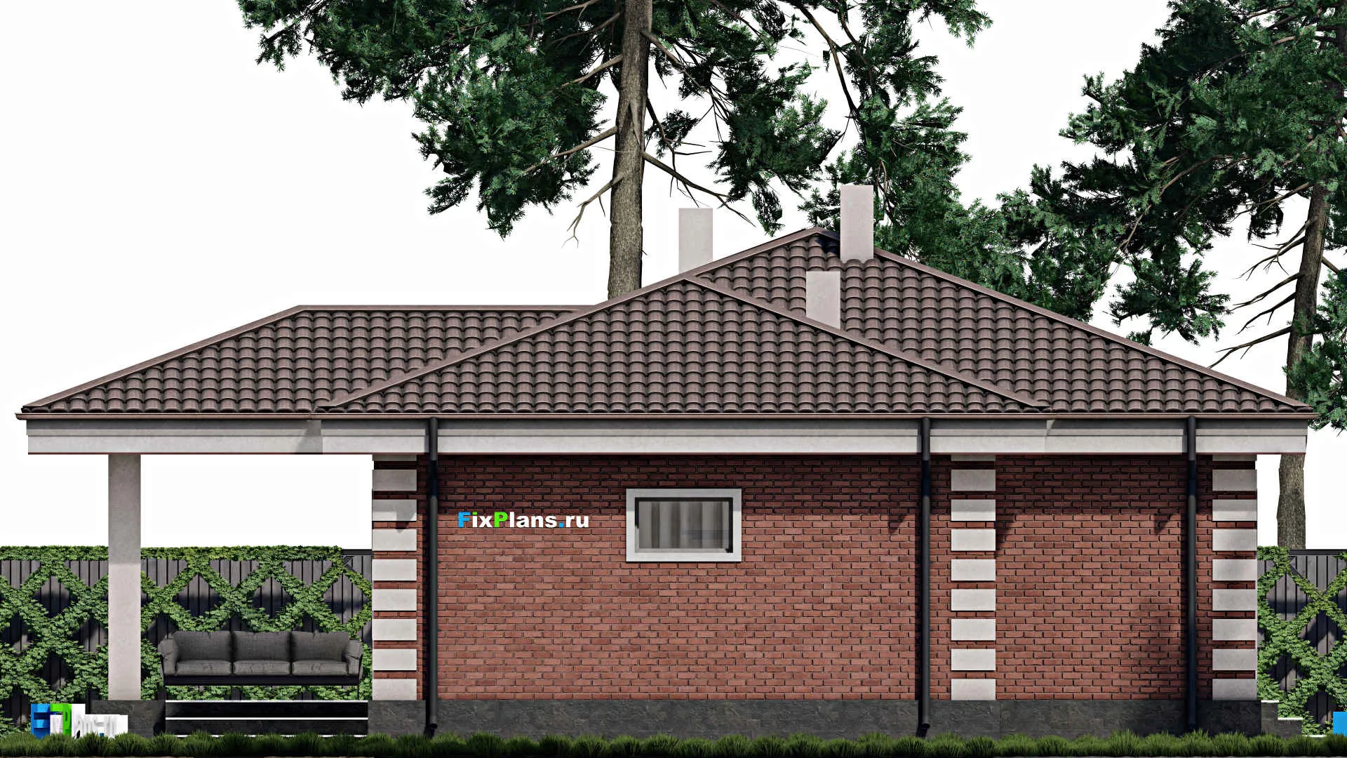 F-0827 - План одноэтажного дома 11 на 18, площадью 150 м² с террасой, гаражом на 1 машину и 3 спальнями