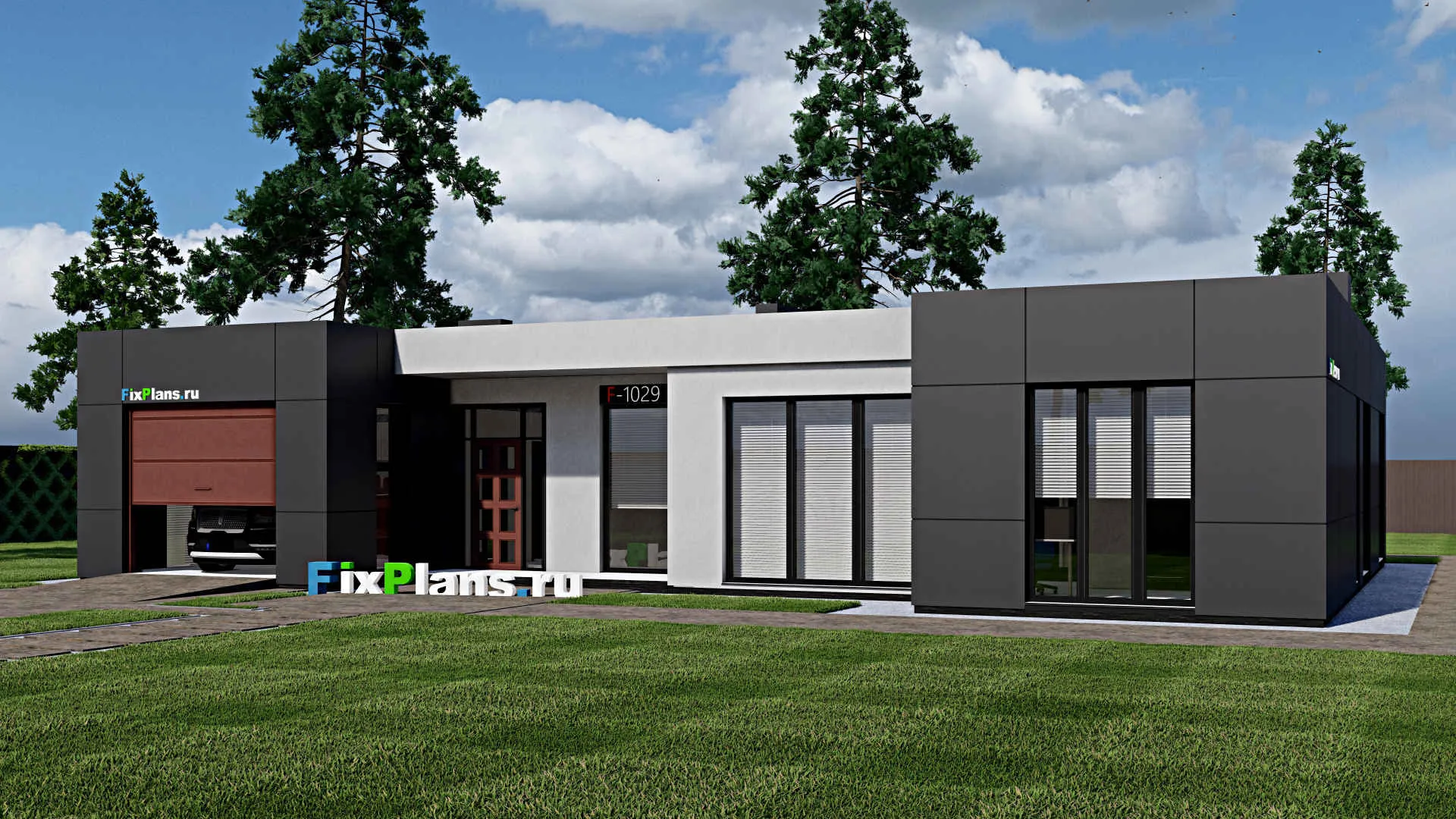 F-1079 - Проект одноэтажного дома 14 на 19, площадью 220 м² с террасой, гаражом на 1 машину и 3 спальнями