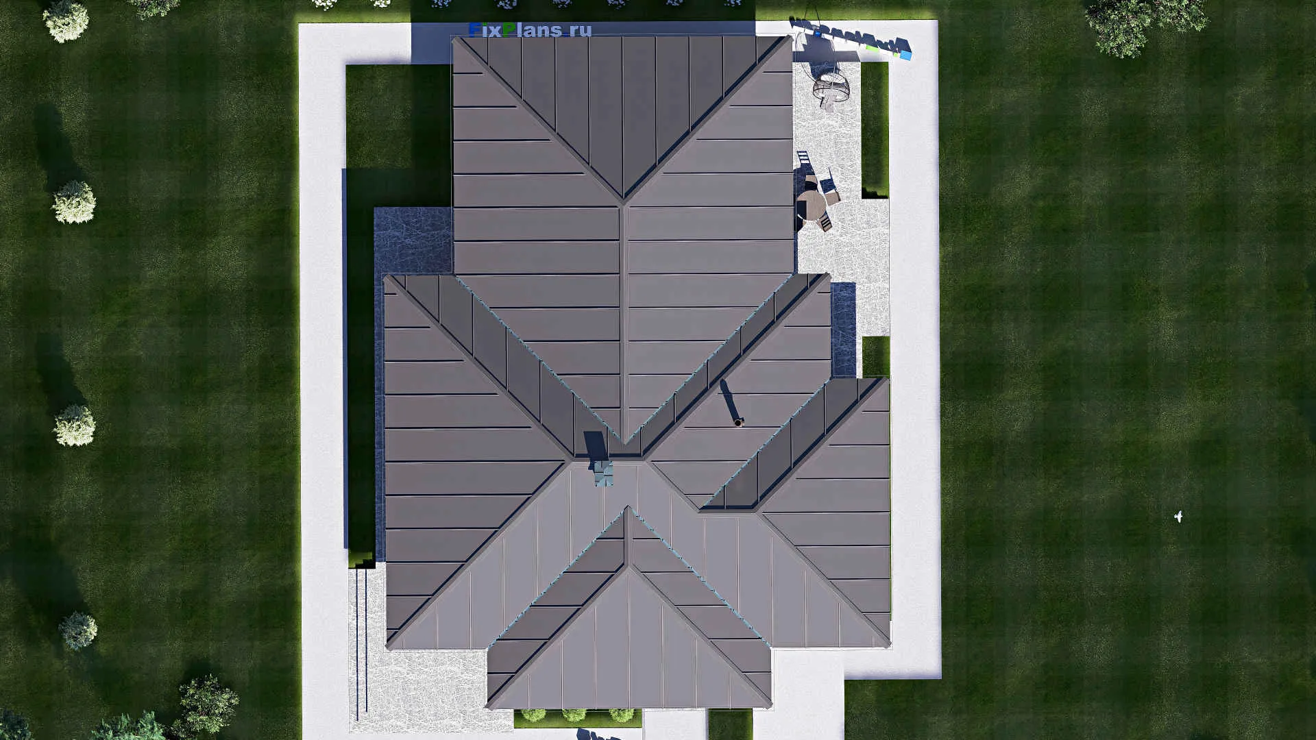 F-20402 - Проект одноэтажного дома 16 на 22, площадью 270 м² с террасой, гаражом на 1 машину и 3 спальнями