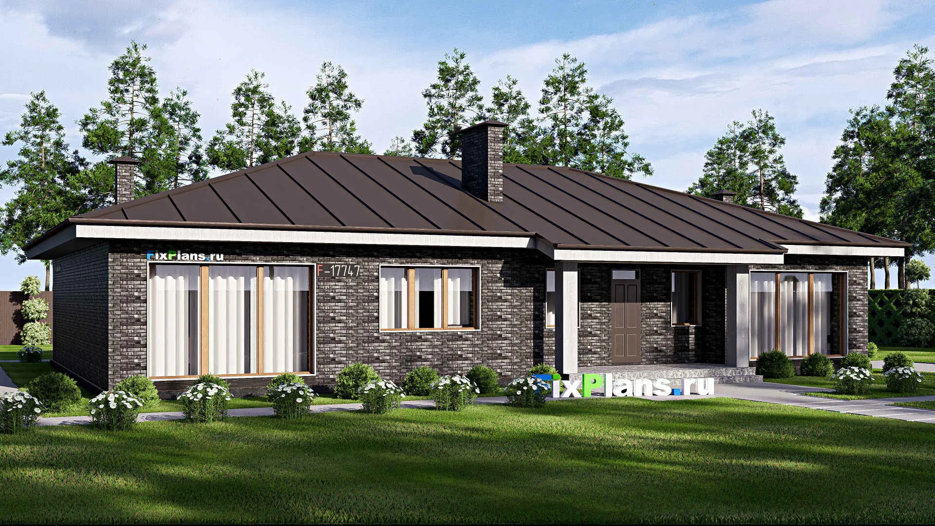 F-17747 - Проект одноэтажного дома 15 на 21, площадью 220 м² с террасой и 3 спальнями