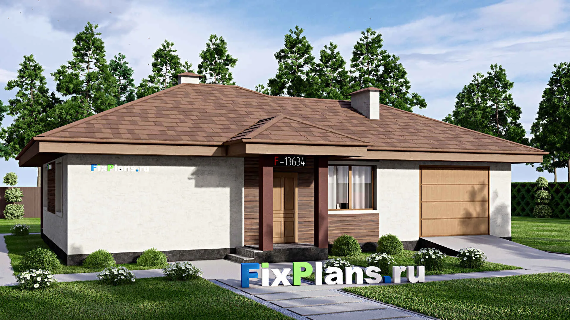 F-13634 - Проект одноэтажного дома 13 на 16, площадью 120 м² с террасой, гаражом на 1 машину и 2 спальнями