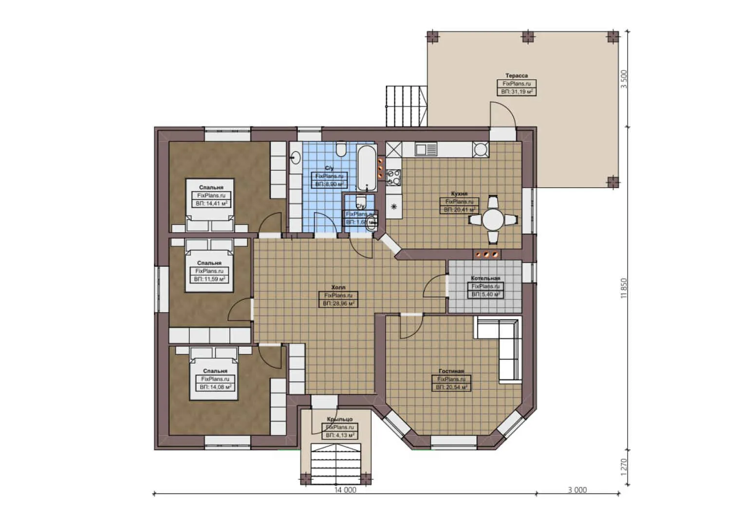 F-1556 - План одноэтажного дома 12 на 14, площадью 170 м² с террасой и 3 спальнями
