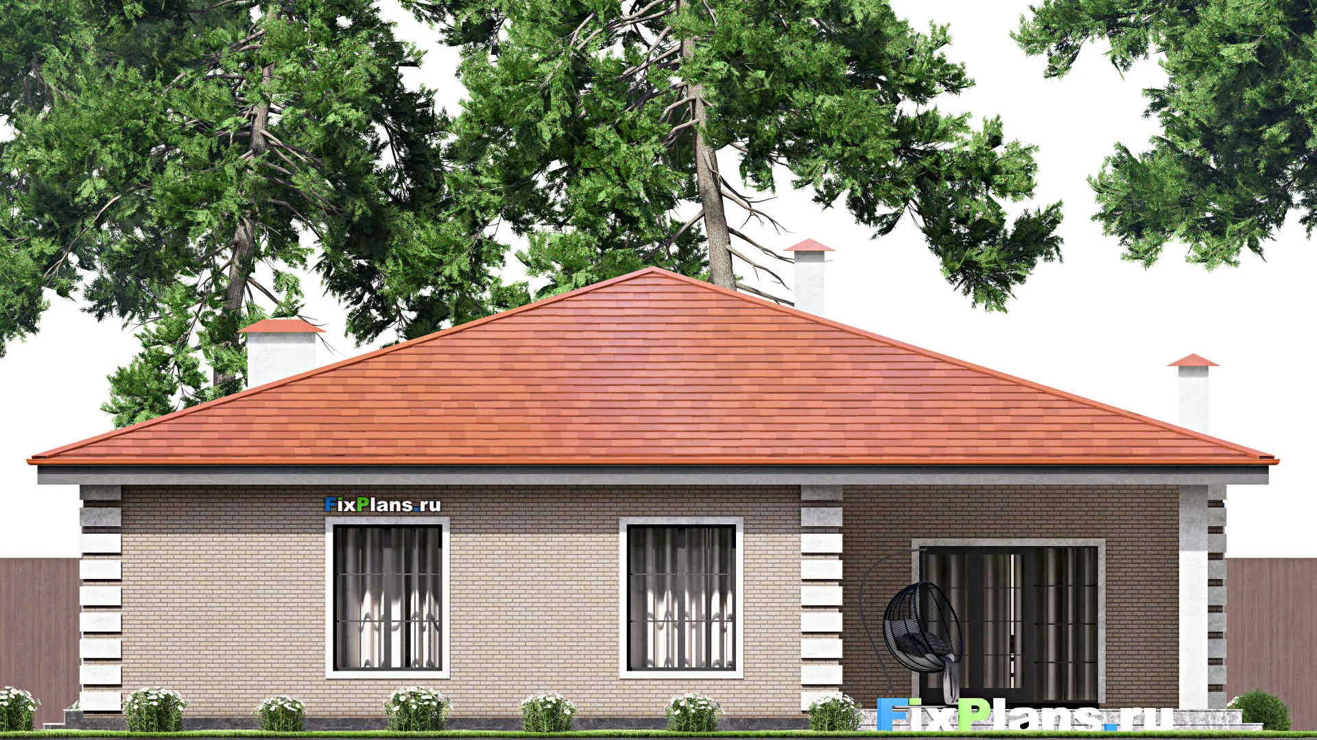 F-15290 - План одноэтажного дома 16 на 19, площадью 220 м² с террасой, гаражом на 1 машину и 3 спальнями