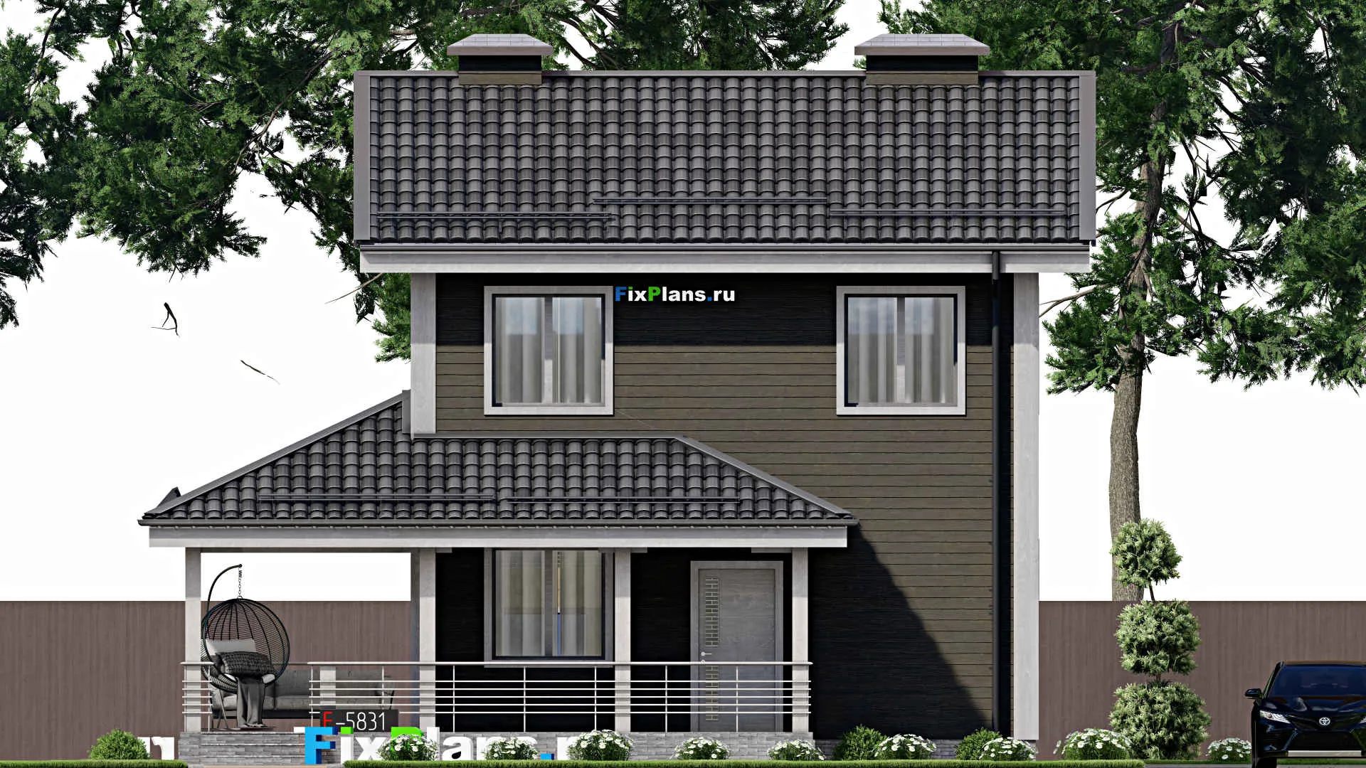 F-5831 - Проект двухэтажного дома 8 на 8, площадью 120 м² с террасой и 2 спальнями