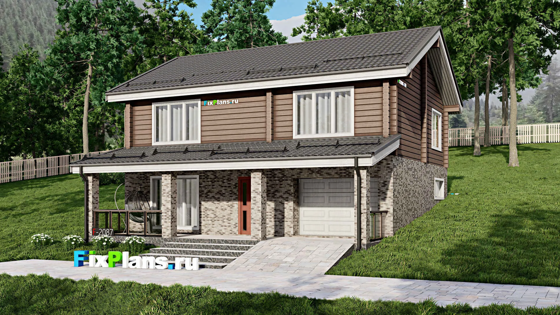 F-2087 - Проект двухэтажного дома 10 на 12, площадью 240 м² с террасой, баней, гаражом на 1 машину и 4 спальнями