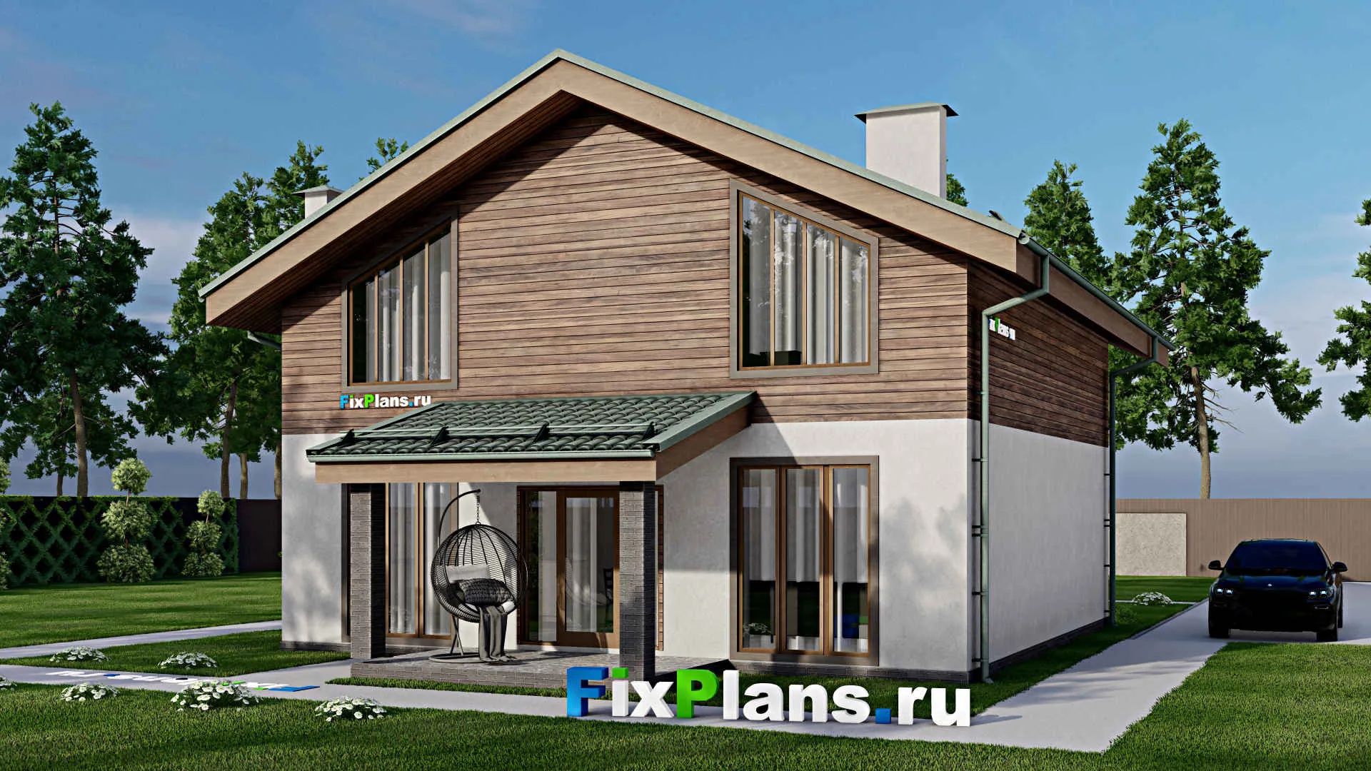 F-6830 - Проект дома с мансардой 12 на 12, площадью 180 м² с террасой и 4 спальнями