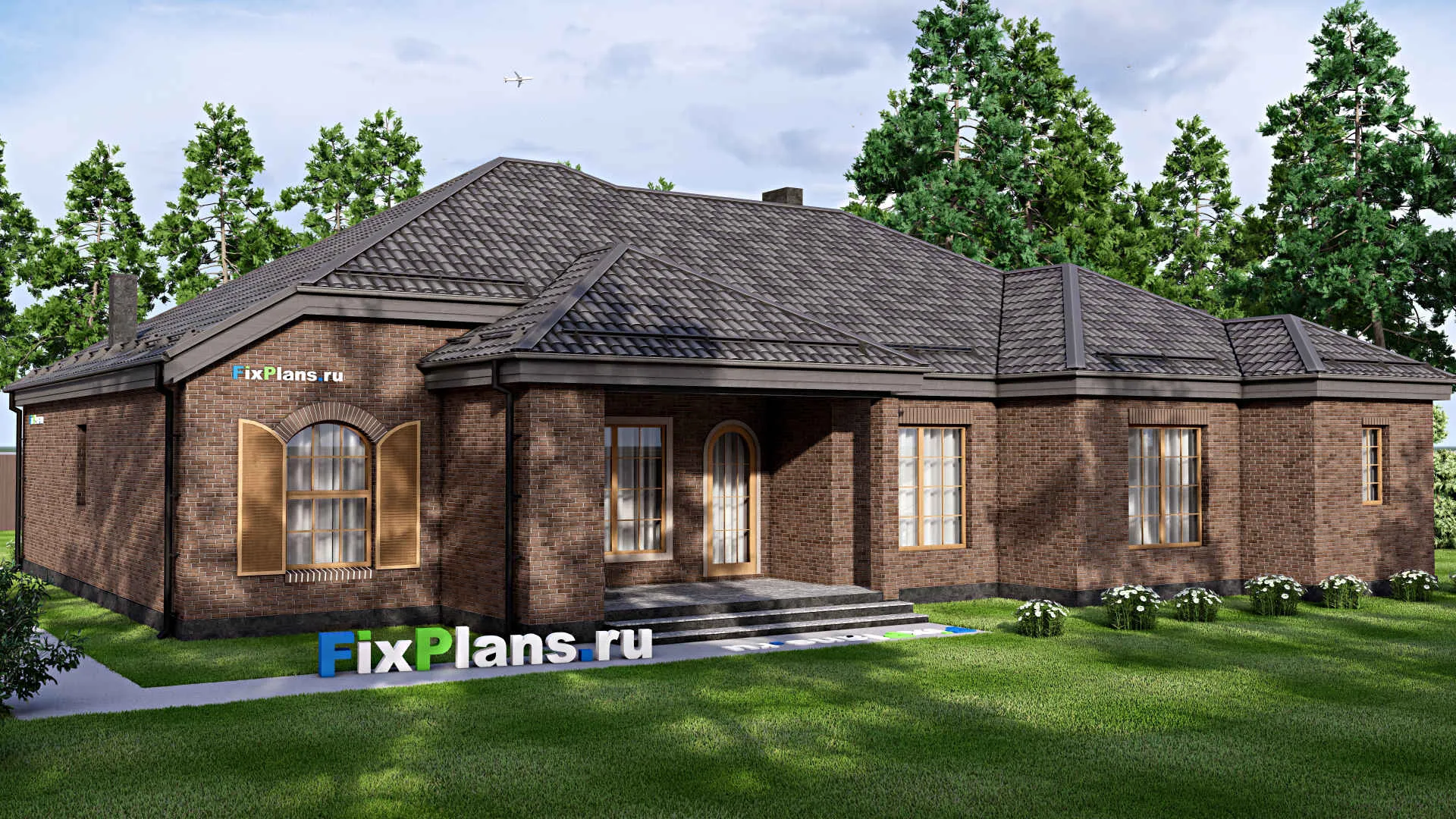 F-16847 - Проект одноэтажного дома 19 на 21, площадью 260 м² с террасой, гаражом на 2 машины и 4 спальнями