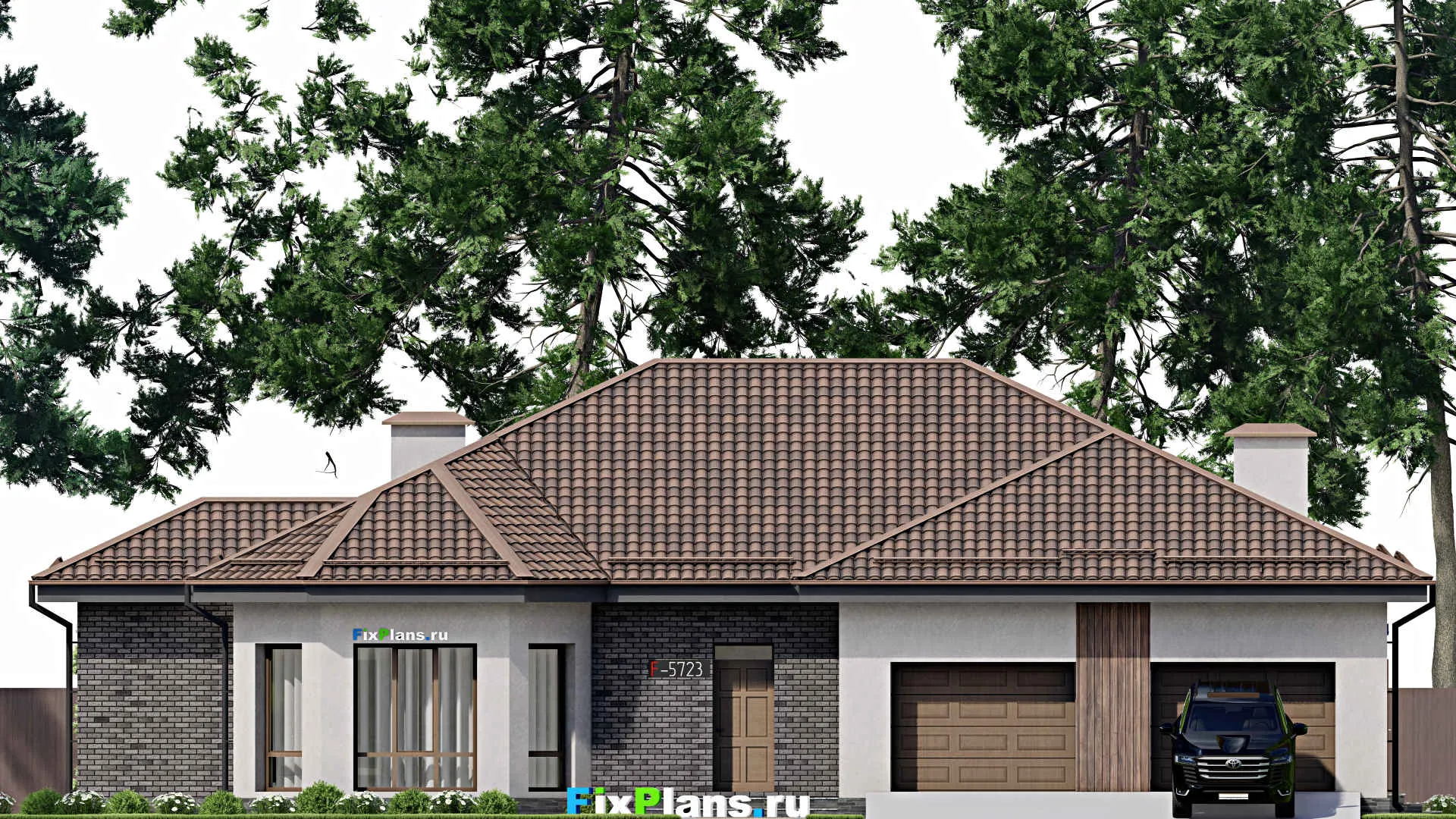 F-5723 - Проект одноэтажного дома 20 на 22, площадью 270 м² с террасой, гаражом на 2 машины и 3 спальнями