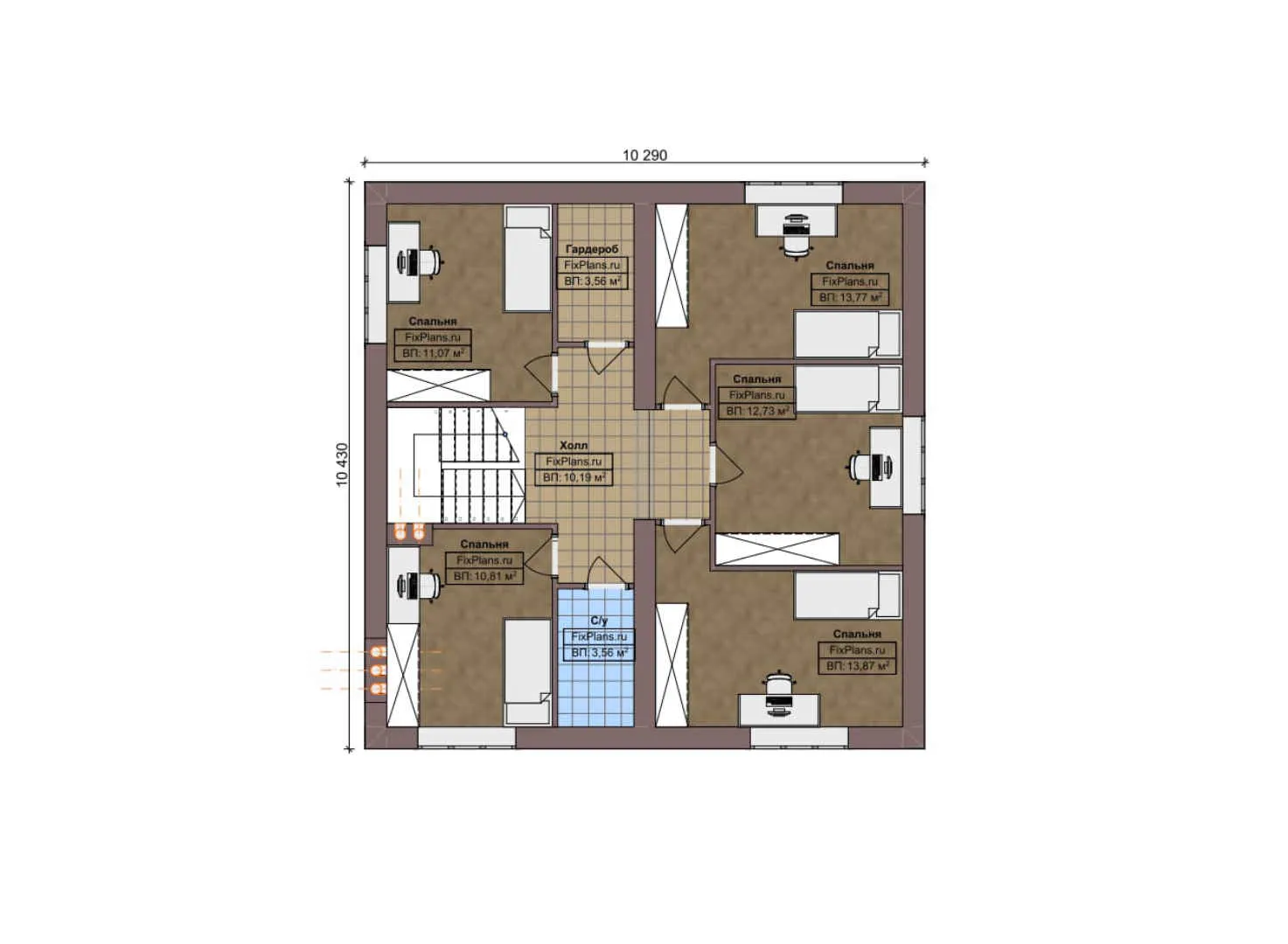 F-4238 - Планы дома с мансардой 11 на 11, площадью 180 м² с террасой и 6 спальнями