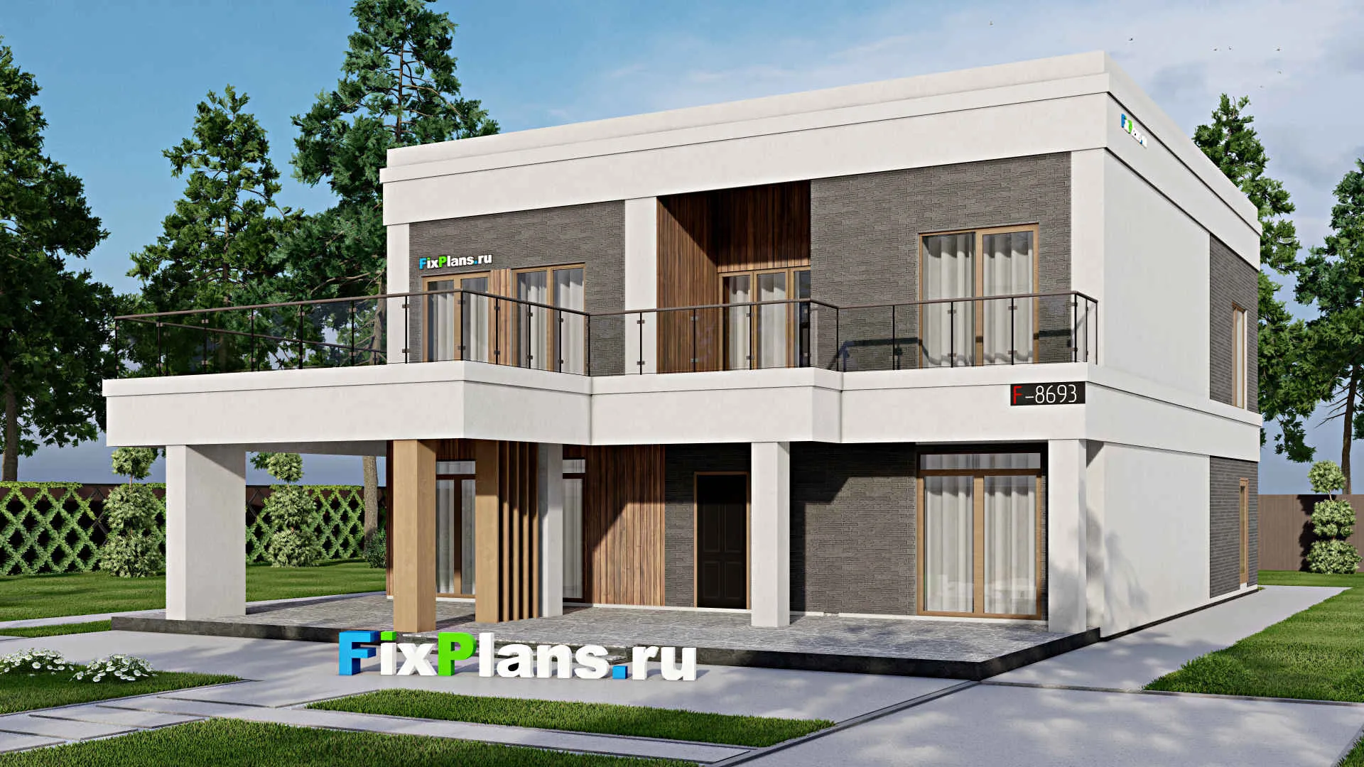 F-8693 - Проект двухэтажного дома 14 на 19, площадью 410 м² с террасой, балконом, баней и 5 спальнями