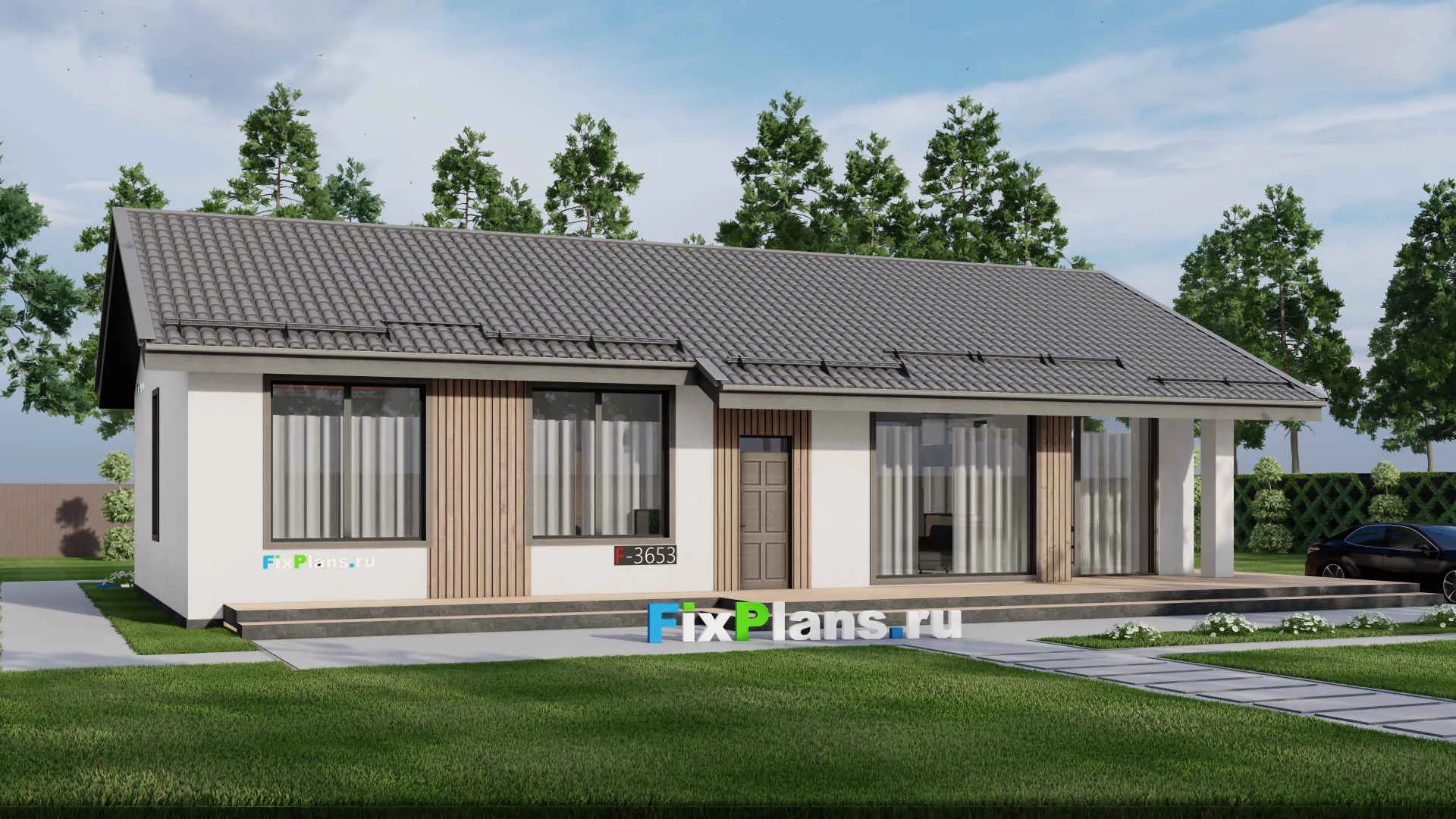 F-3653 - Проект одноэтажного дома 13 на 20, площадью 200 м² с террасой и 4 спальнями