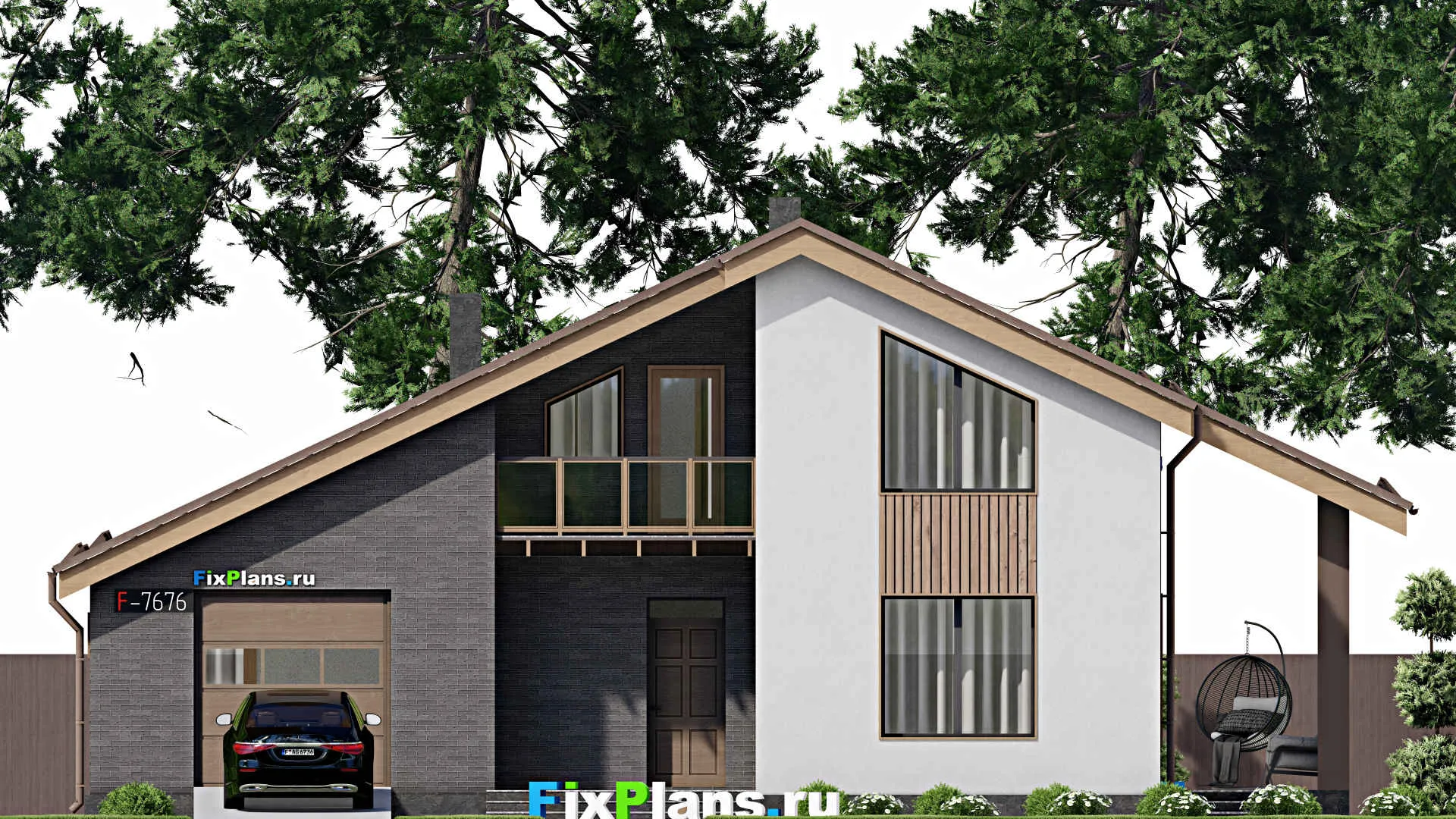 F-7676 - Проект дома с мансардой 12 на 16, площадью 190 м² с террасой, балконом, гаражом на 1 машину и 4 спальнями