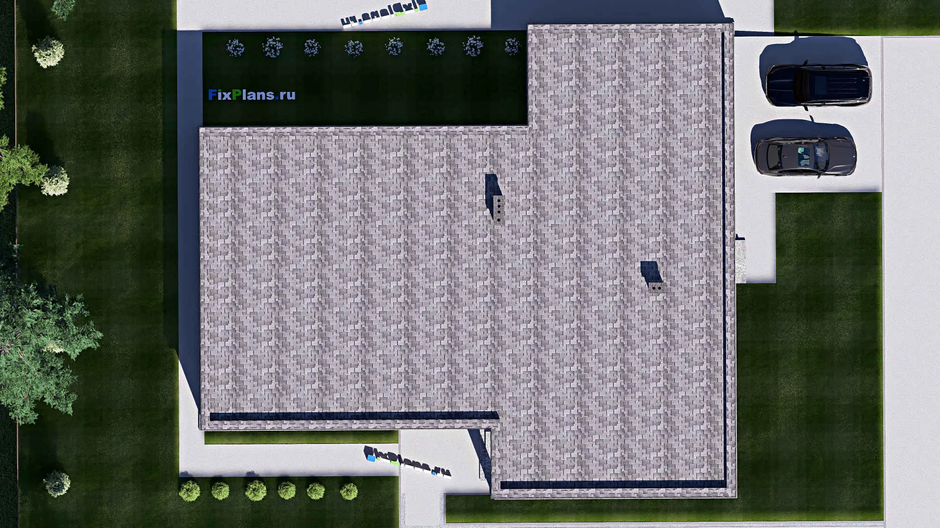 F-19817 - План одноэтажного дома 22 на 25, площадью 330 м² с террасой, гаражом на 2 машины и 1 спальнями