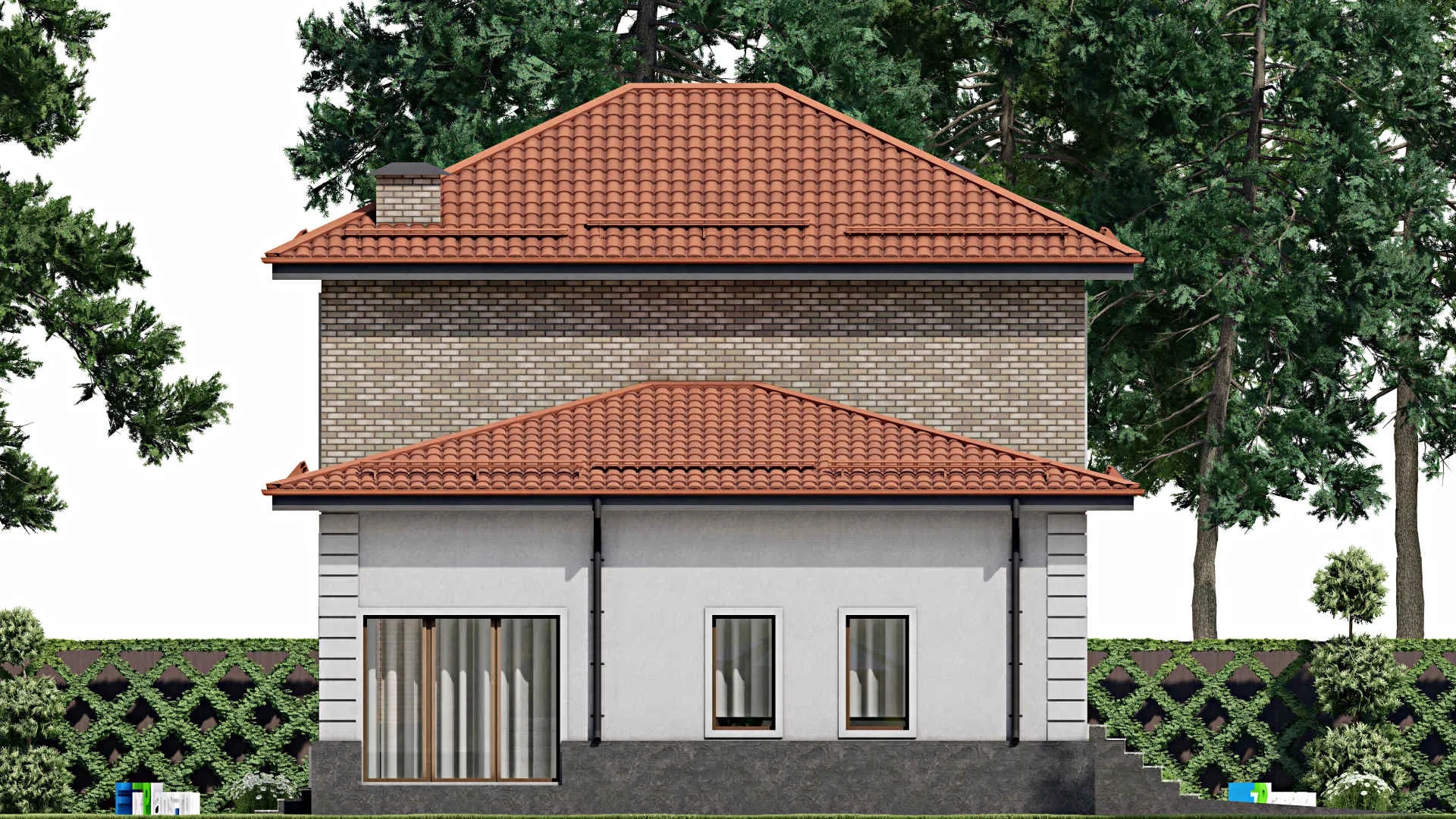 F-5705 - Проект двухэтажного дома 11 на 13, площадью 210 м² с террасой, балконом, цокольным этажом, гаражом на 1 машину и 4 спальнями