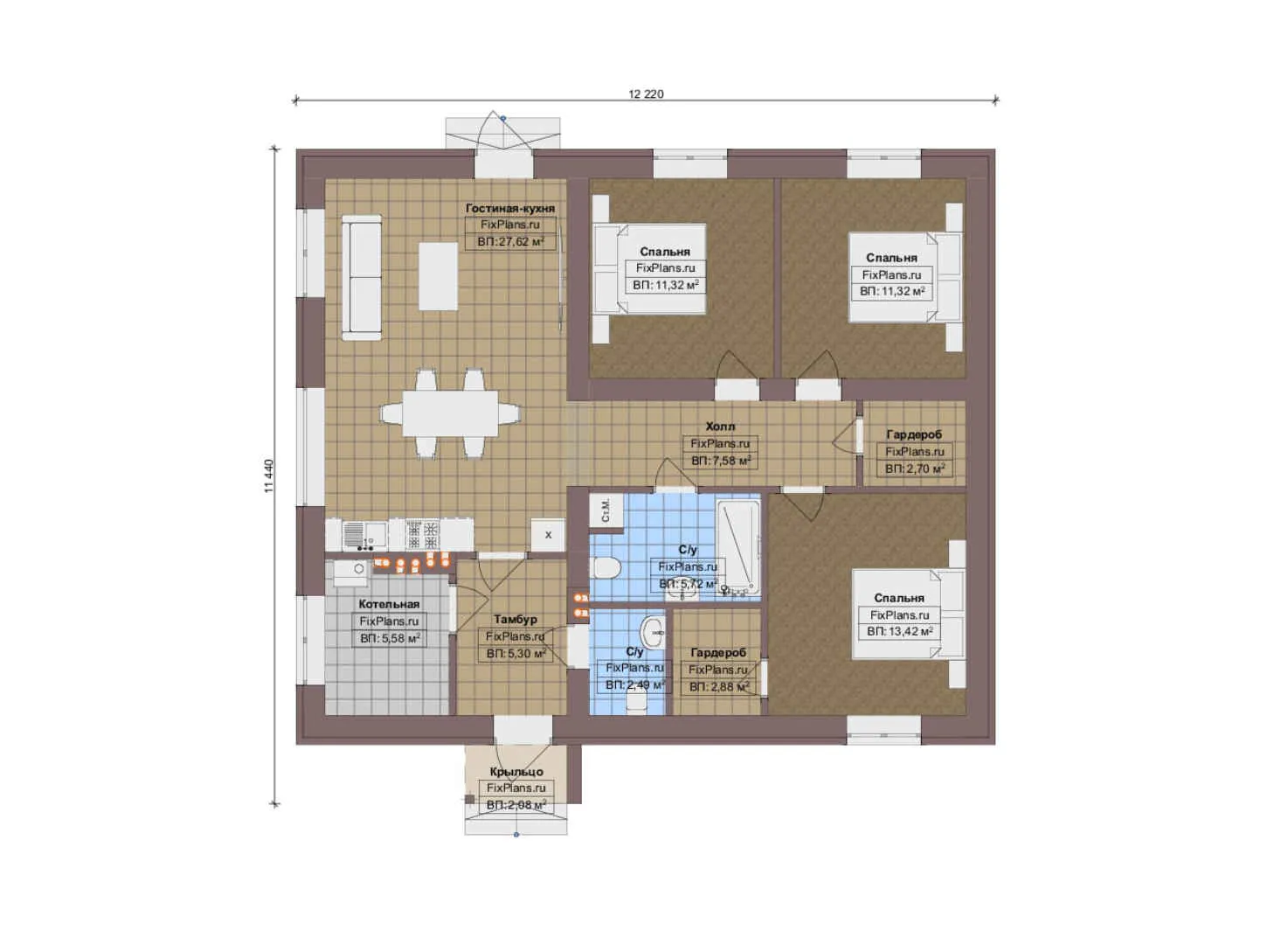 F-13445 - План одноэтажного дома 12 на 13, площадью 100 м² с 3 спальнями