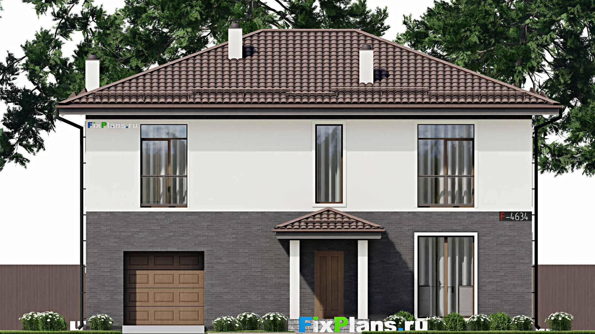 F-4634 - Проект двухэтажного дома 11 на 14, площадью 240 м² с гаражом на 1 машину и 5 спальнями