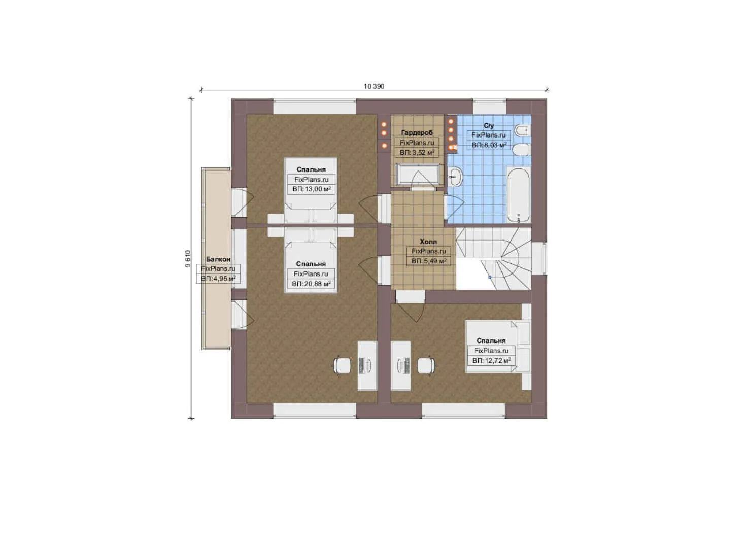 F-12869 - Планы дома с мансардой 10 на 14, площадью 160 м² с террасой, балконом и 4 спальнями