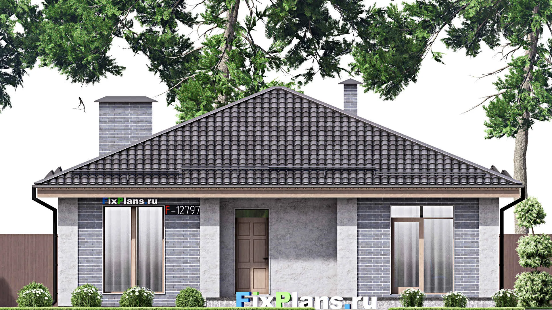 F-12797 - План одноэтажного дома 13 на 15, площадью 130 м² с террасой и 3 спальнями