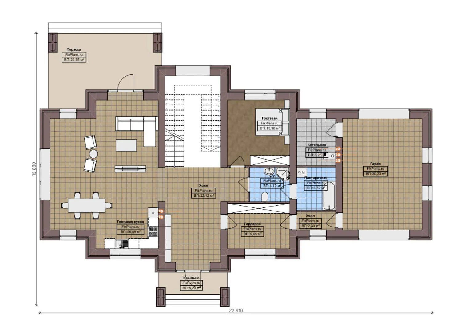 F-4436 - Планы двухэтажного дома 16 на 23, площадью 320 м² с террасой, балконом, гаражом на 1 машину и 4 спальнями