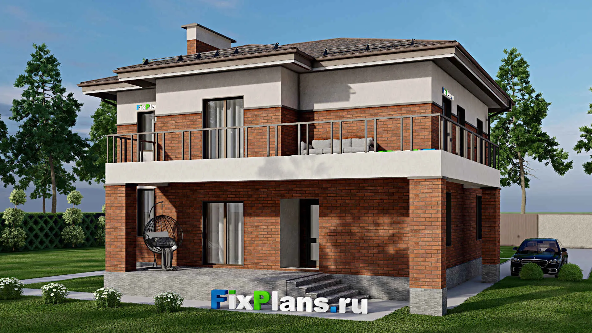 F-7109 - Проект двухэтажного дома 14 на 16, площадью 270 м² с террасой, балконом и 6 спальнями