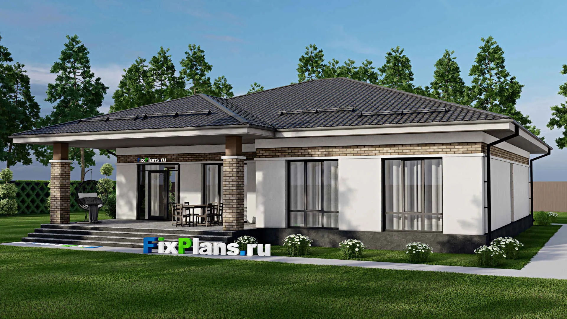 F-1925 - Проект одноэтажного дома 17 на 17, площадью 230 м² с террасой и 4 спальнями