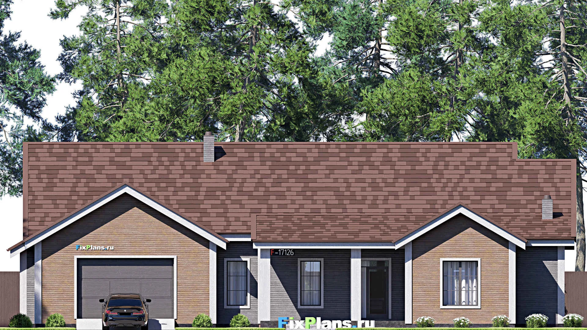 F-17126 - Проект одноэтажного дома 18 на 23, площадью 270 м² с террасой, гаражом на 2 машины и 4 спальнями